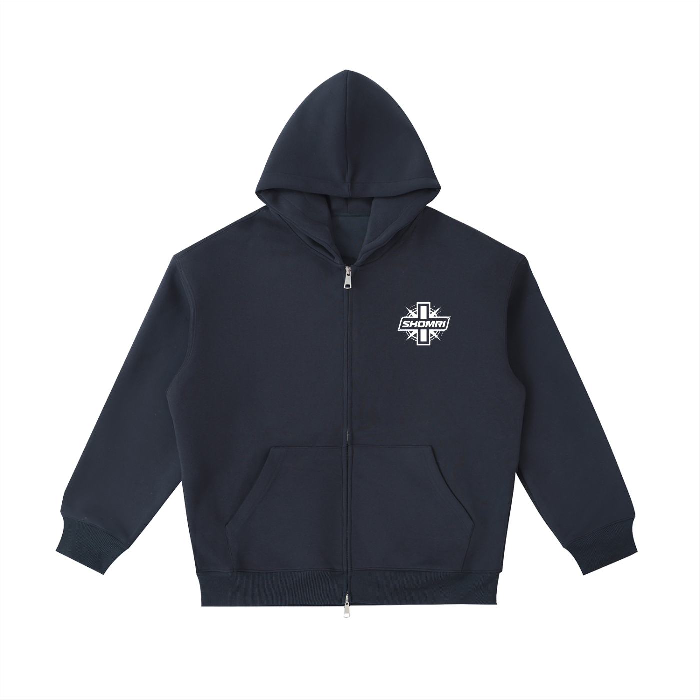 Front view of the Shomri Faith Zip-Up Hoodie in blue, featuring a premium heavy-fleece boxy streetwear silhouette with a striking custom white cross logo printed on the left chest.
