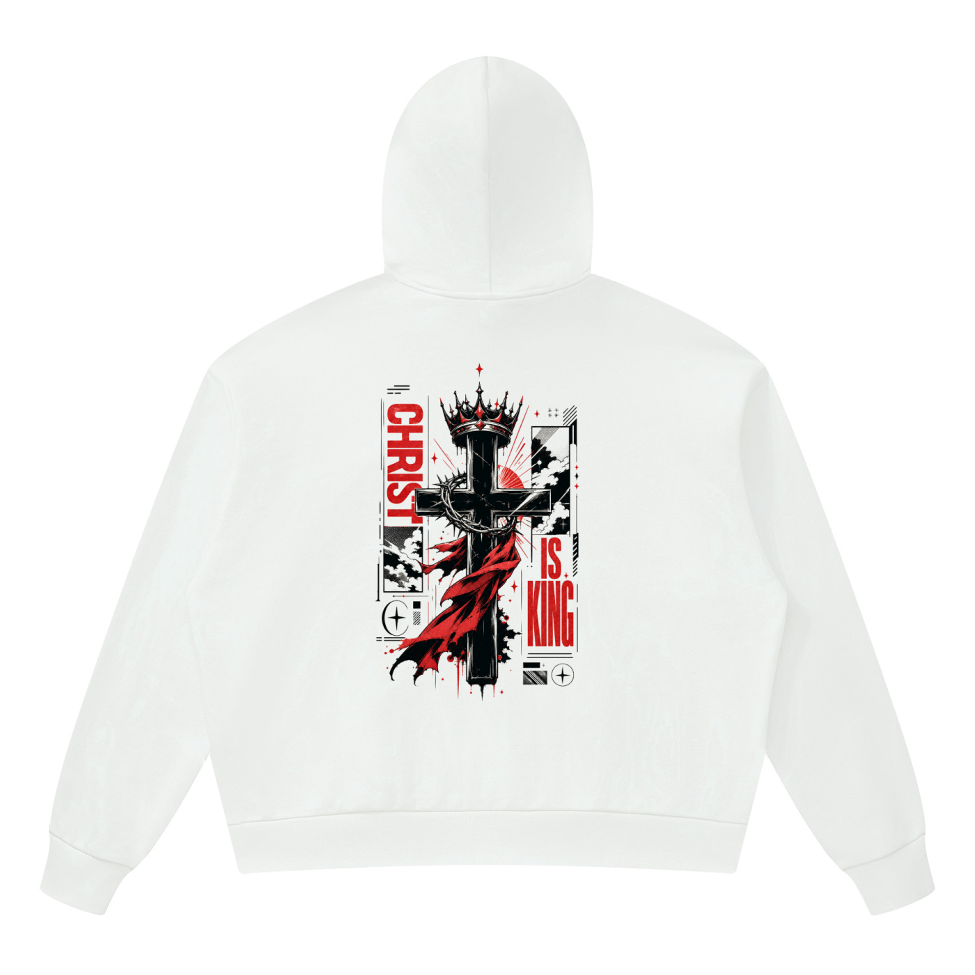 High contrast dark anime style cross graphic with red accents printed on the back of a Shomri streetwear hoodie.