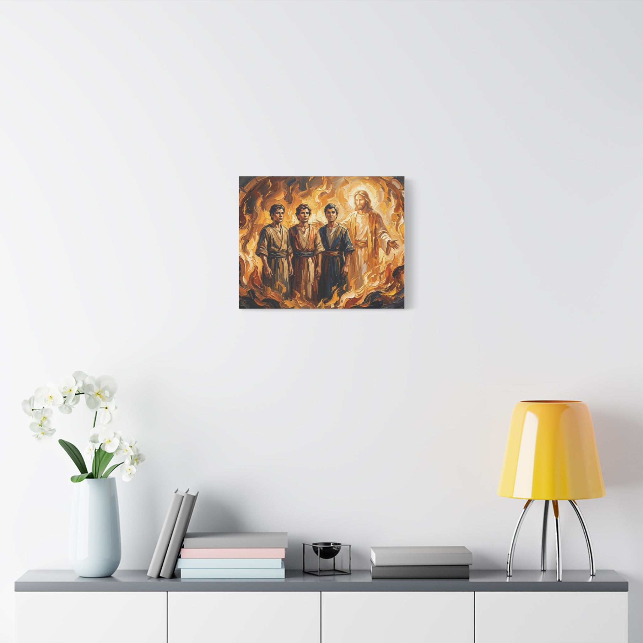 An impasto oil painting print on a stretched canvas depicting Shadrach, Meshach, and Abednego standing unharmed inside a roaring, fiery furnace alongside a glowing divine figure representing Jesus Christ. - 4