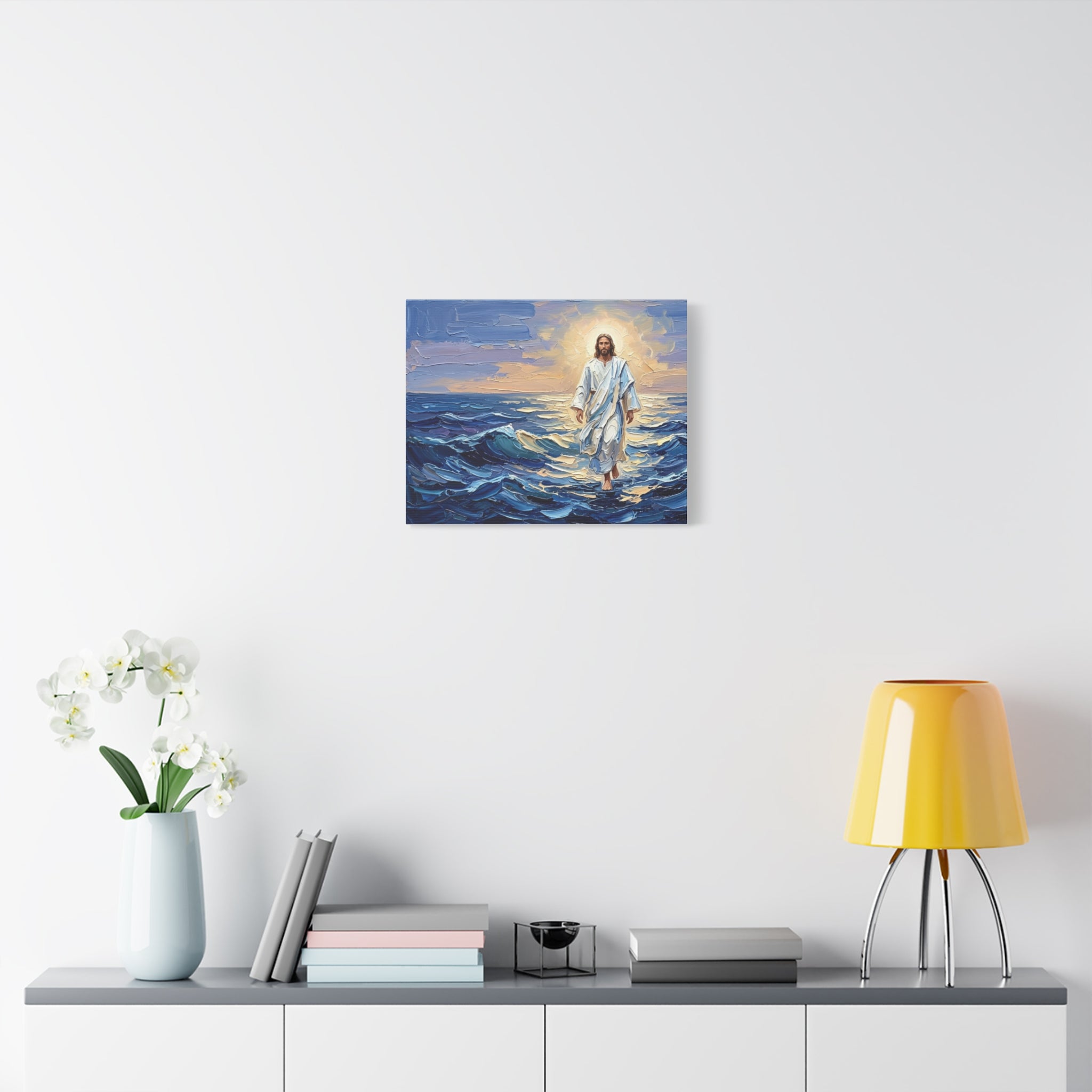 An impasto oil painting print on a stretched canvas depicting Jesus Christ calmly walking on vibrant blue ocean waves with thick, textured brushstrokes, illuminated by a glowing golden sun in a pastel sky.-5