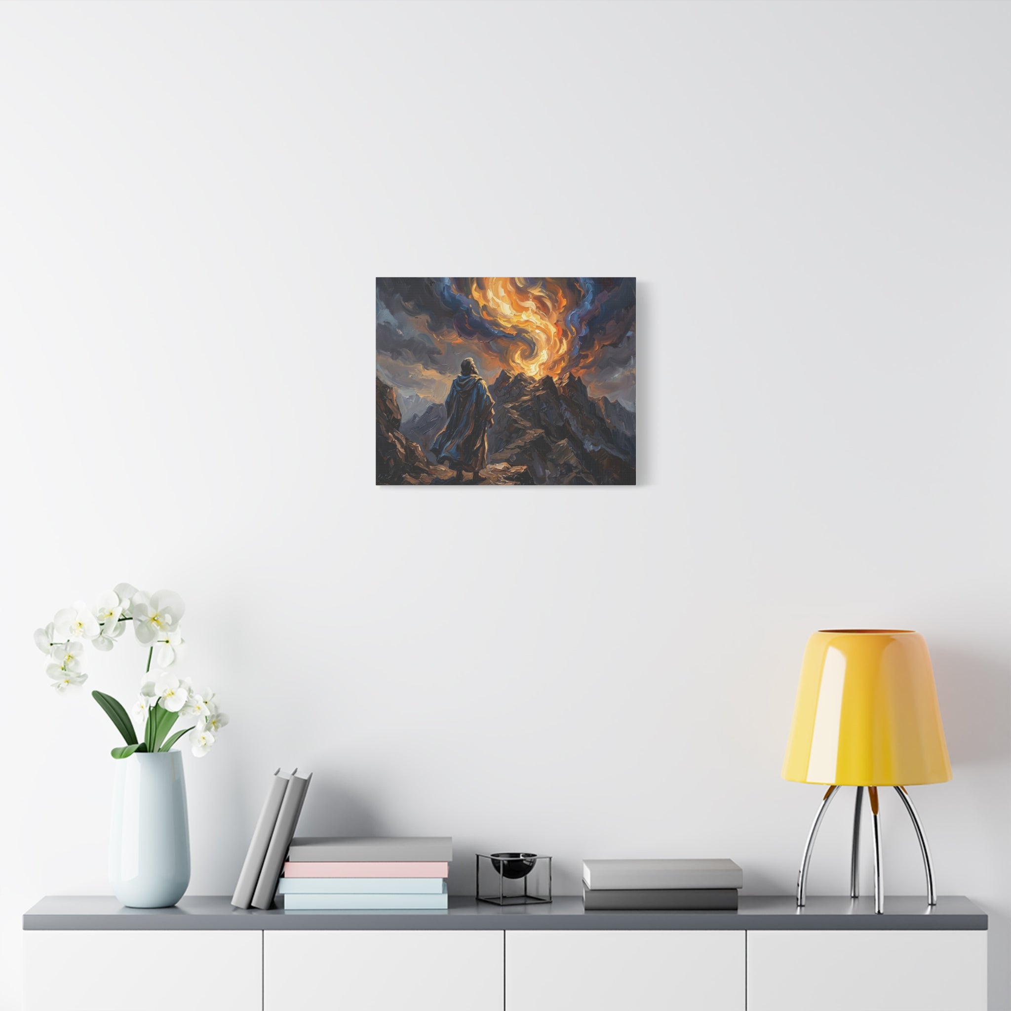An impasto oil painting print on a stretched canvas depicting a robed biblical prophet figure from behind, standing before a dramatic, swirling pillar of orange and blue fire on top of Mount Sinai.- 6 
