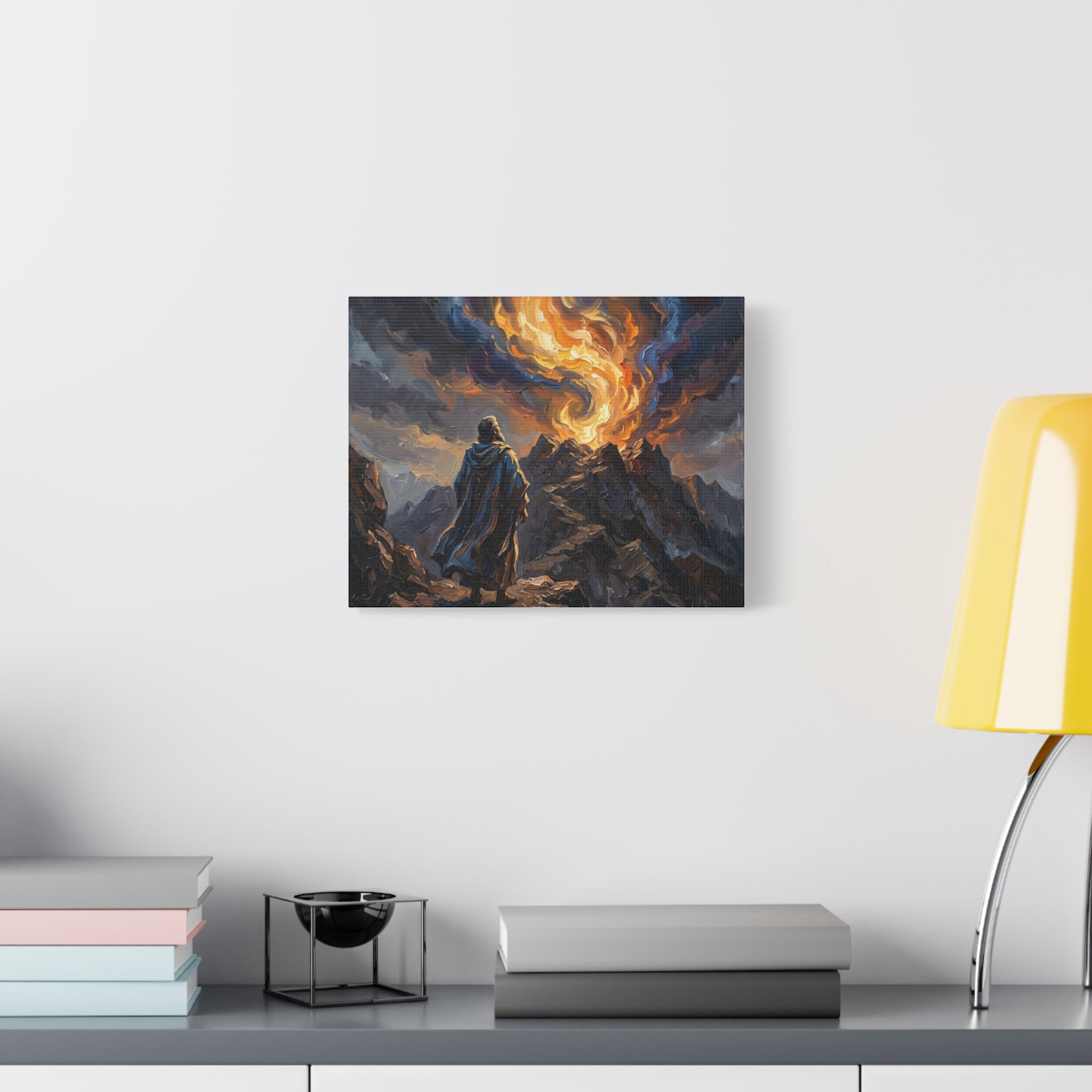 An impasto oil painting print on a stretched canvas depicting a robed biblical prophet figure from behind, standing before a dramatic, swirling pillar of orange and blue fire on top of Mount Sinai. - 3