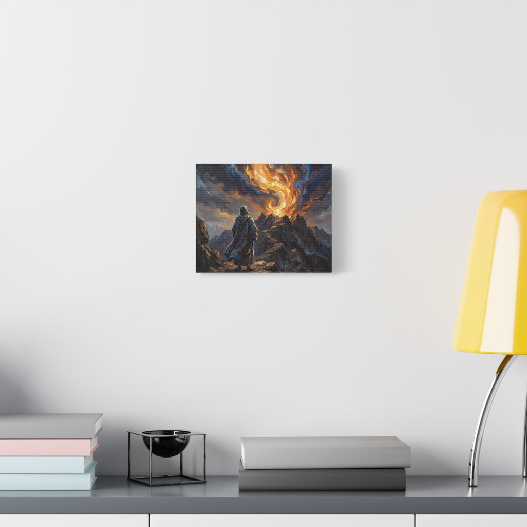 An impasto oil painting print on a stretched canvas depicting a robed biblical prophet figure from behind, standing before a dramatic, swirling pillar of orange and blue fire on top of Mount Sinai. - 2