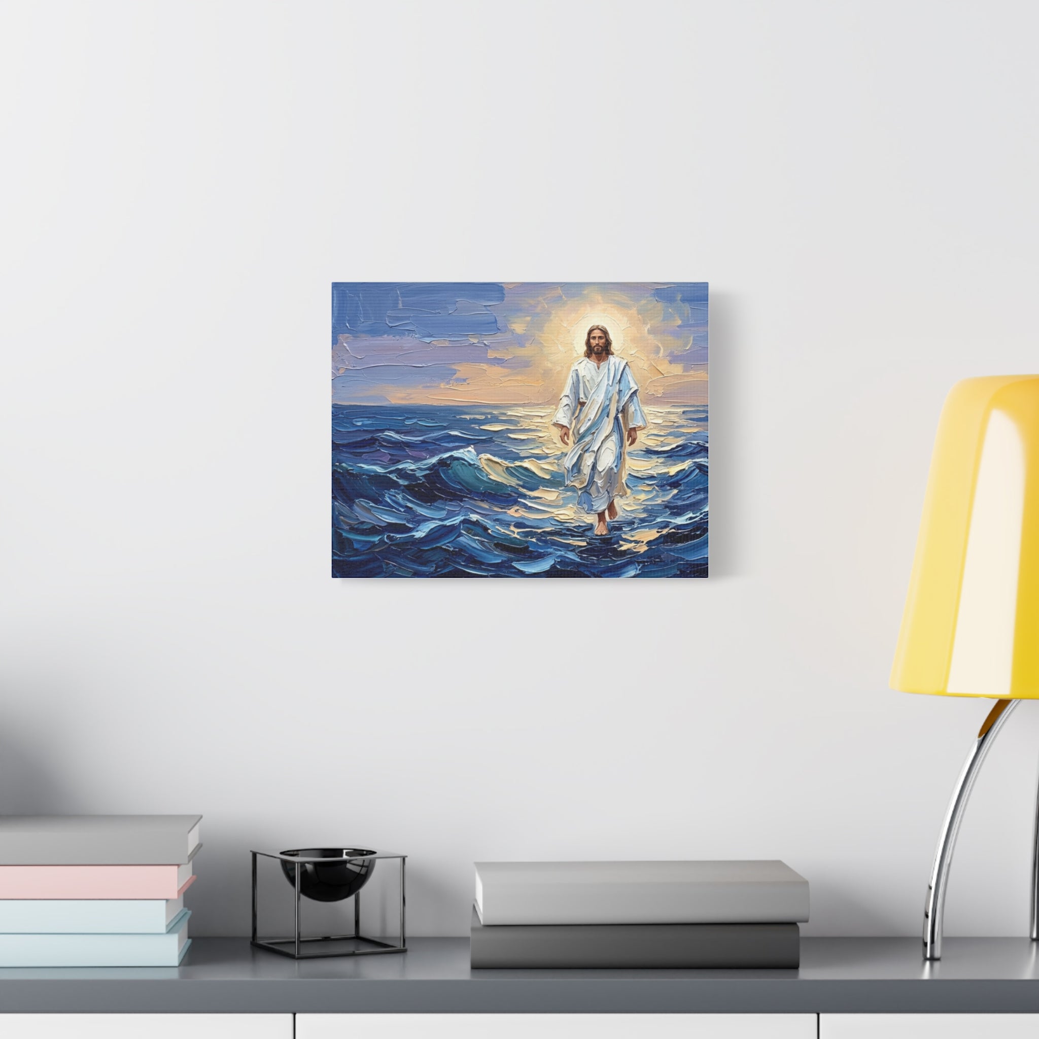 An impasto oil painting print on a stretched canvas depicting Jesus Christ calmly walking on vibrant blue ocean waves with thick, textured brushstrokes, illuminated by a glowing golden sun in a pastel sky. -4
