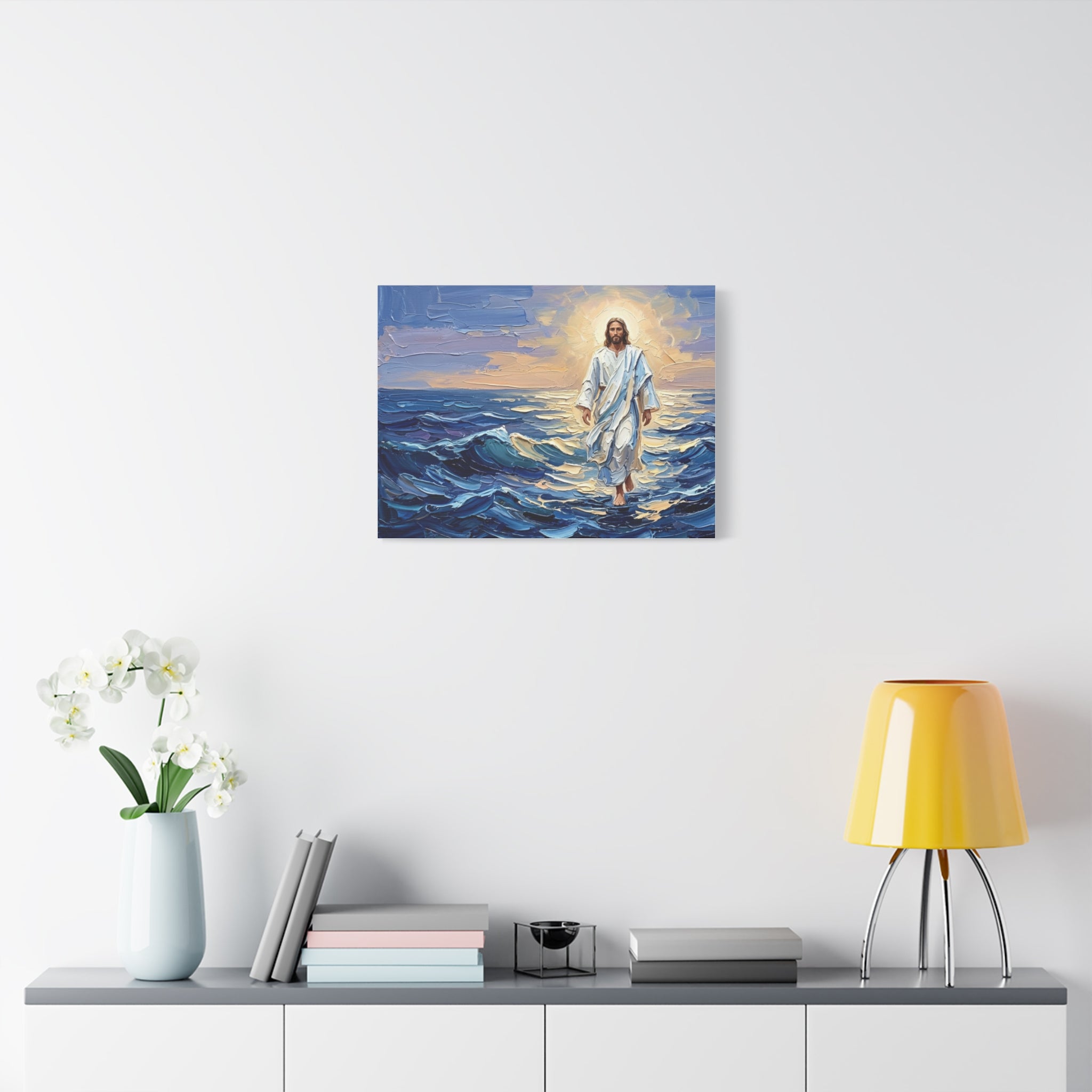 An impasto oil painting print on a stretched canvas depicting Jesus Christ calmly walking on vibrant blue ocean waves with thick, textured brushstrokes, illuminated by a glowing golden sun in a pastel sky.-6