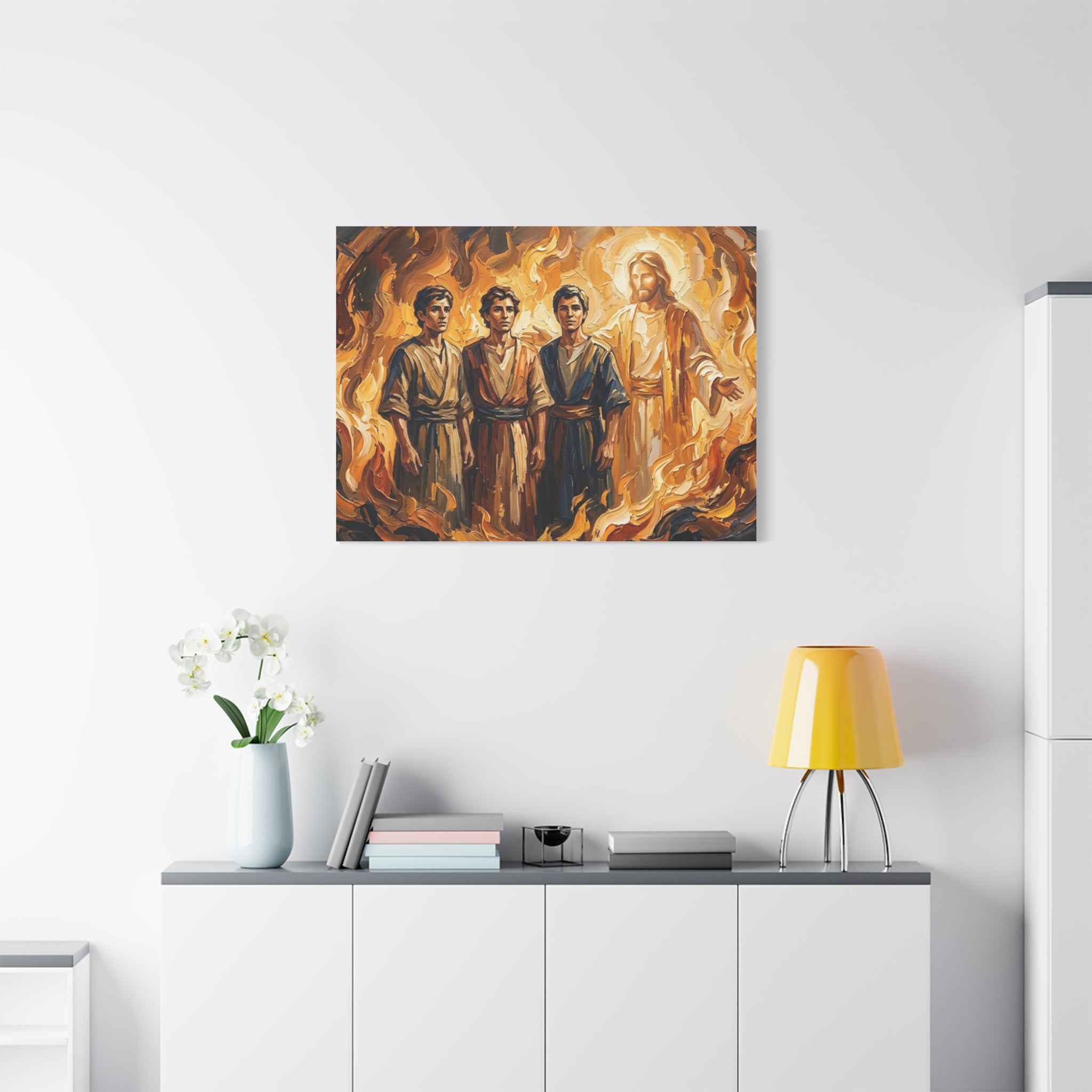 An impasto oil painting print on a stretched canvas depicting Shadrach, Meshach, and Abednego standing unharmed inside a roaring, fiery furnace alongside a glowing divine figure representing Jesus Christ.-6