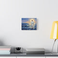 An impasto oil painting print on a stretched canvas depicting Jesus Christ calmly walking on vibrant blue ocean waves with thick, textured brushstrokes, illuminated by a glowing golden sun in a pastel sky. - 2