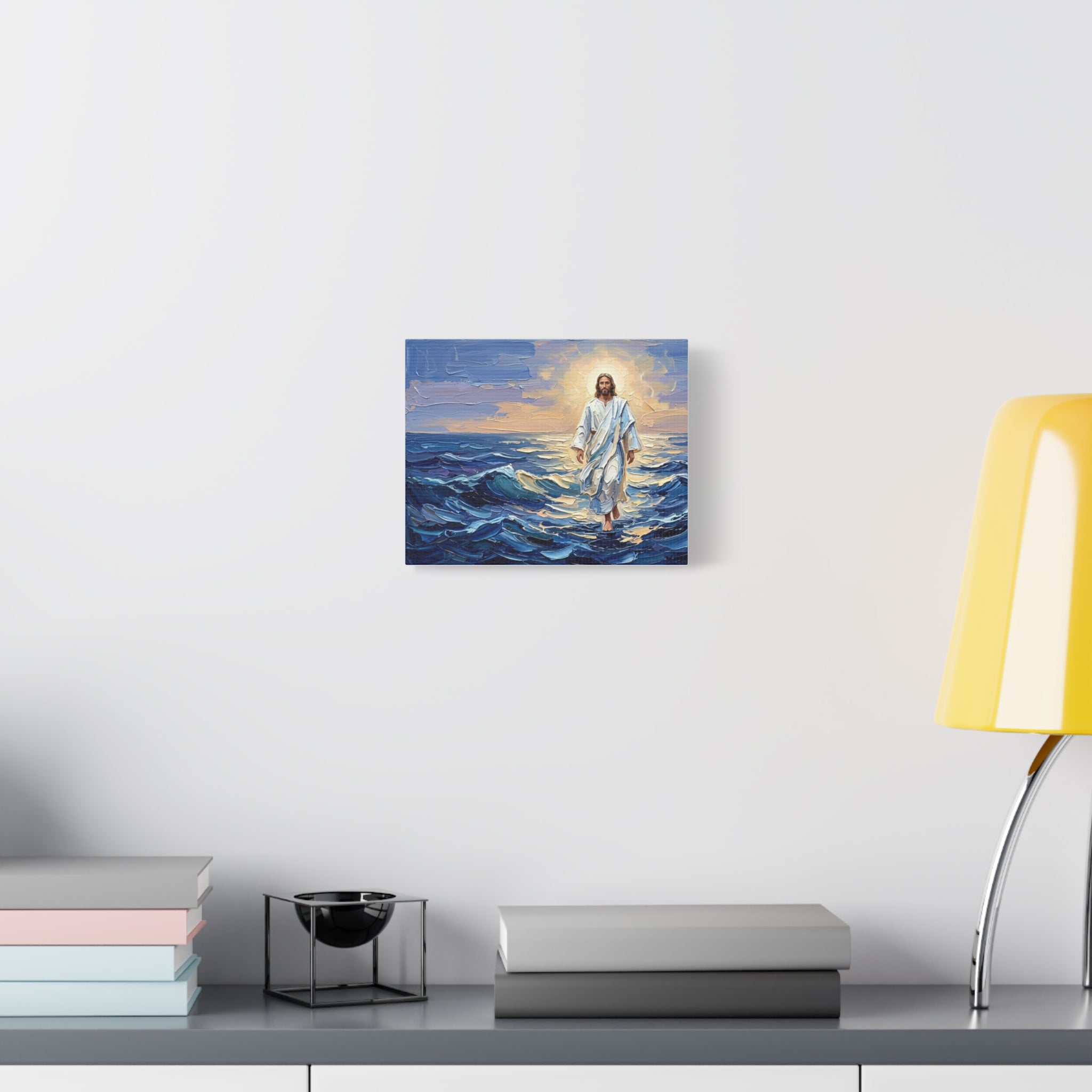 An impasto oil painting print on a stretched canvas depicting Jesus Christ calmly walking on vibrant blue ocean waves with thick, textured brushstrokes, illuminated by a glowing golden sun in a pastel sky. - 2