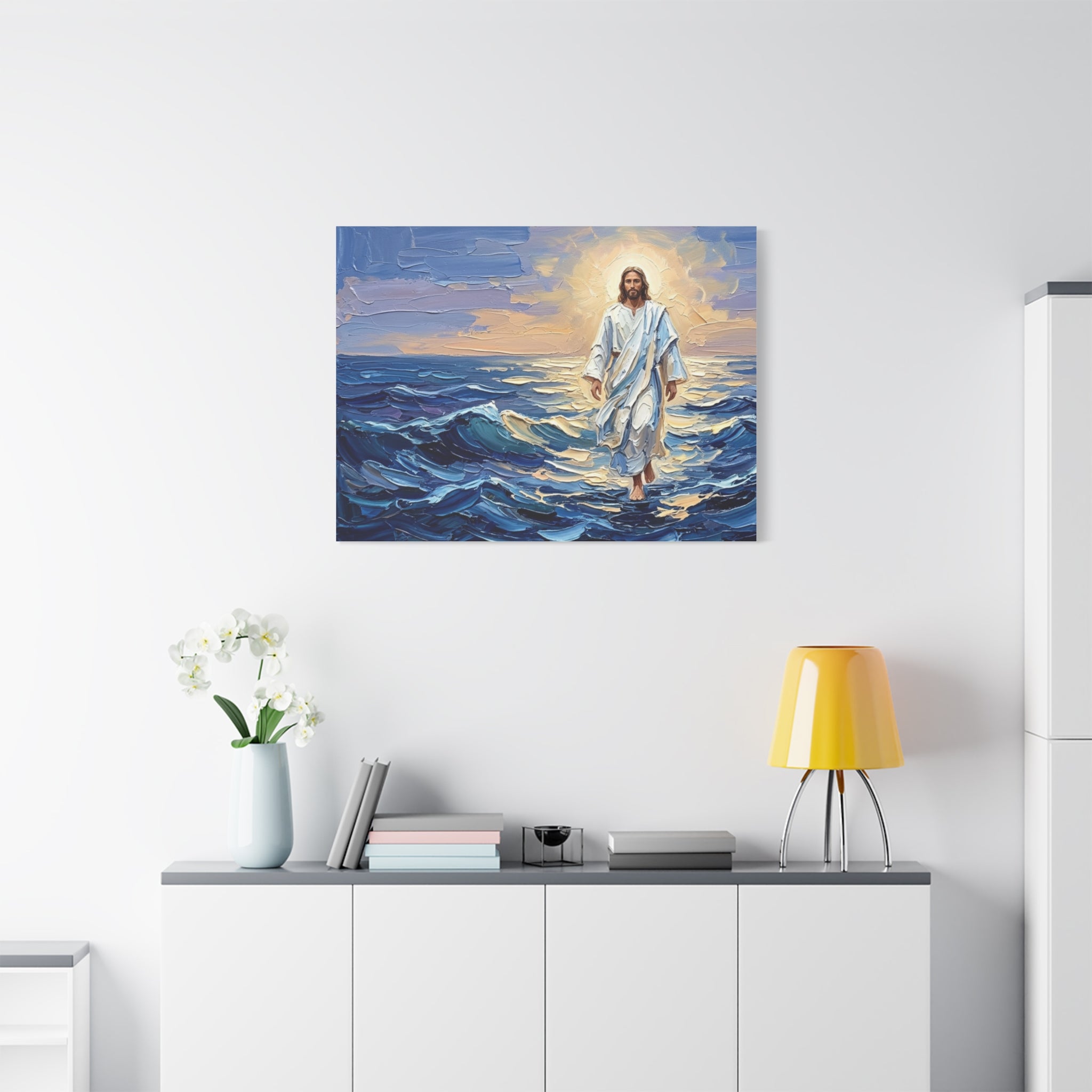 An impasto oil painting print on a stretched canvas depicting Jesus Christ calmly walking on vibrant blue ocean waves with thick, textured brushstrokes, illuminated by a glowing golden sun in a pastel sky. - 3