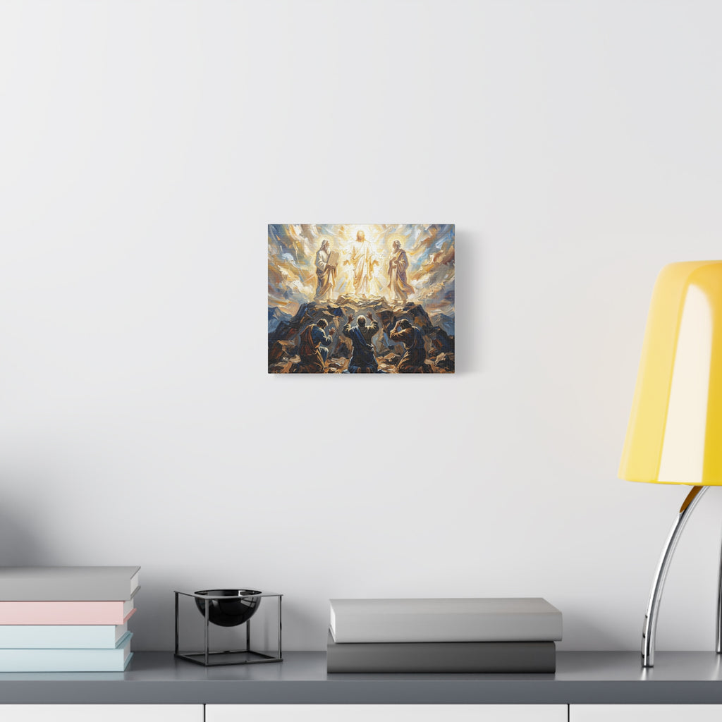An impasto oil painting print on a stretched canvas depicting Jesus Christ standing in bright, blinding golden glory on a mountaintop, flanked by two biblical figures while three disciples look up in awe from the rocky terrain. - 2