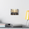 An impasto oil painting print on a stretched canvas depicting Jesus Christ standing in bright, blinding golden glory on a mountaintop, flanked by two biblical figures while three disciples look up in awe from the rocky terrain. - 2