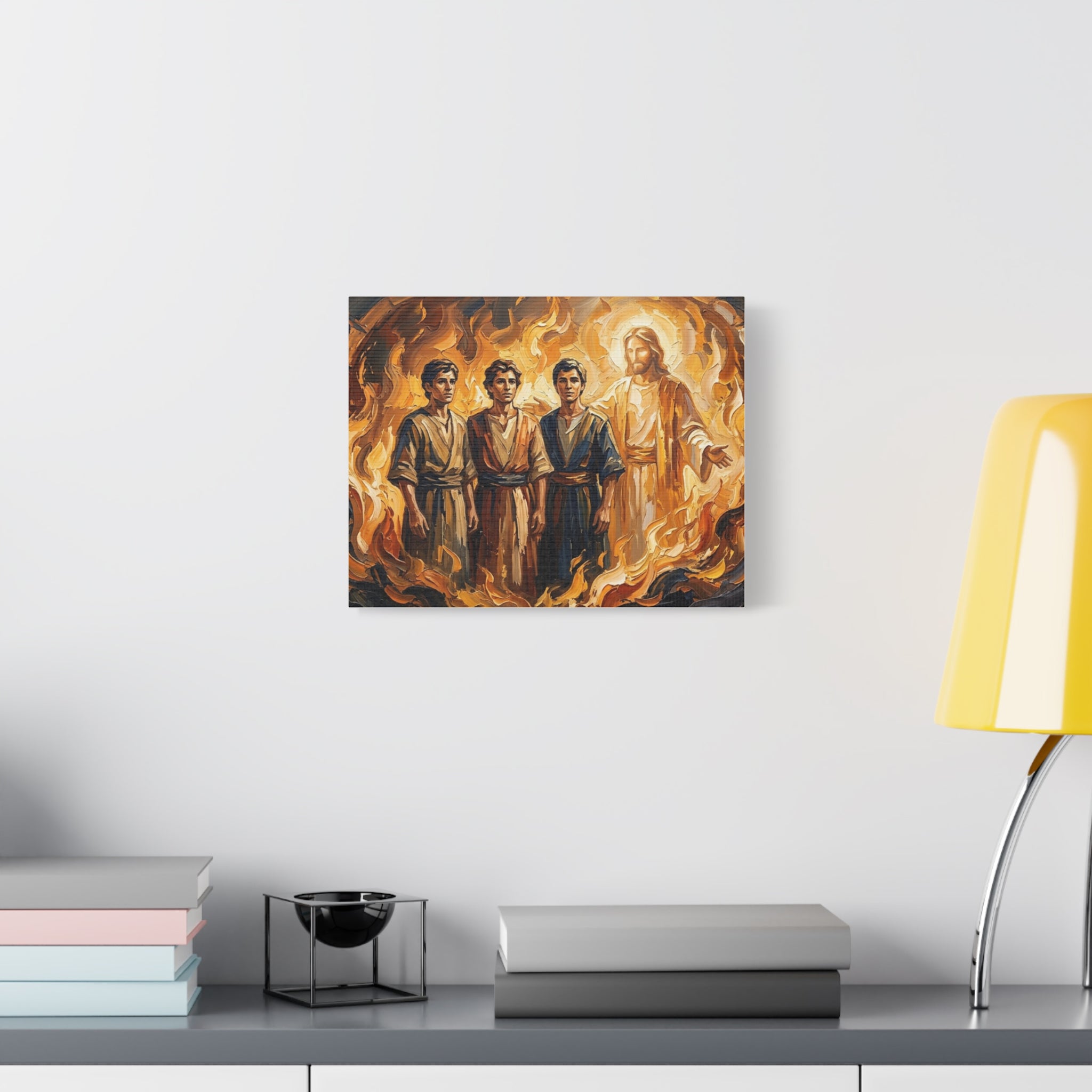 An impasto oil painting print on a stretched canvas depicting Shadrach, Meshach, and Abednego standing unharmed inside a roaring, fiery furnace alongside a glowing divine figure representing Jesus Christ. - 3