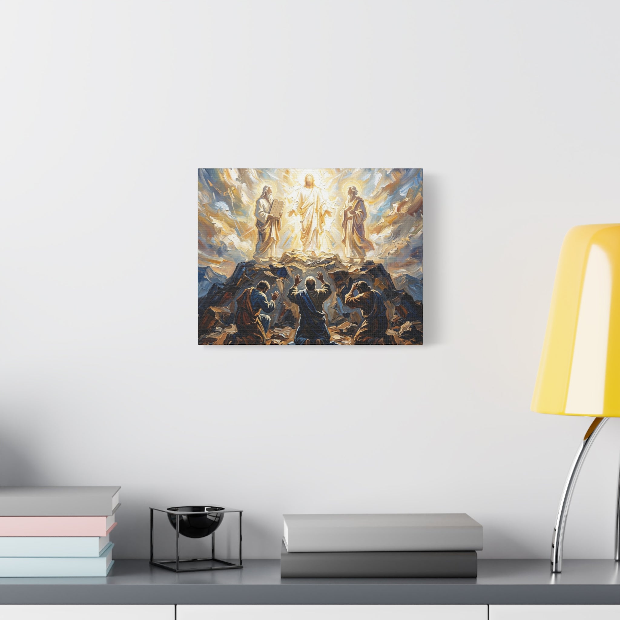 An impasto oil painting print on a stretched canvas depicting Jesus Christ standing in bright, blinding golden glory on a mountaintop, flanked by two biblical figures while three disciples look up in awe from the rocky terrain. - 3