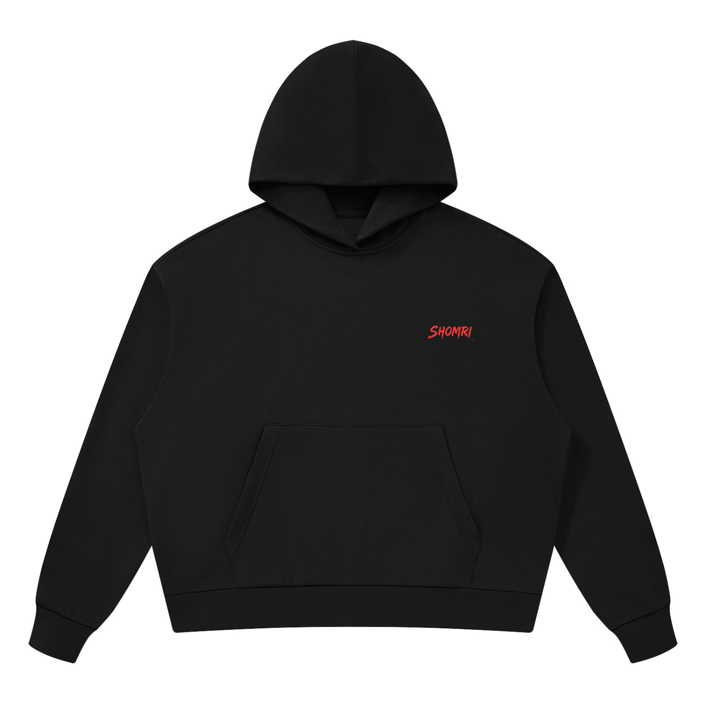 Minimalist front view of Shomri Redeemed black cropped streetwear hoodie with a small red chest logo.