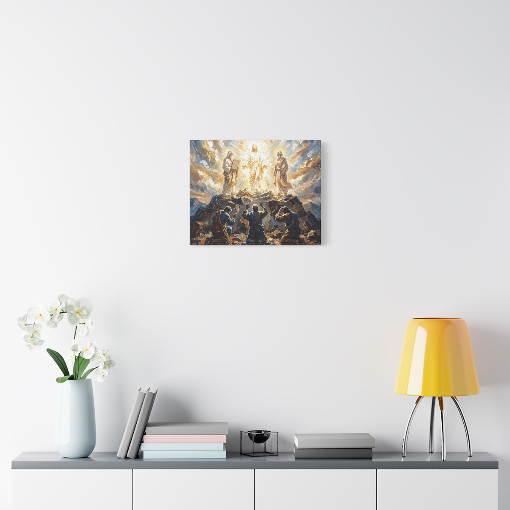 An impasto oil painting print on a stretched canvas depicting Jesus Christ standing in bright, blinding golden glory on a mountaintop, flanked by two biblical figures while three disciples look up in awe from the rocky terrain. - 4