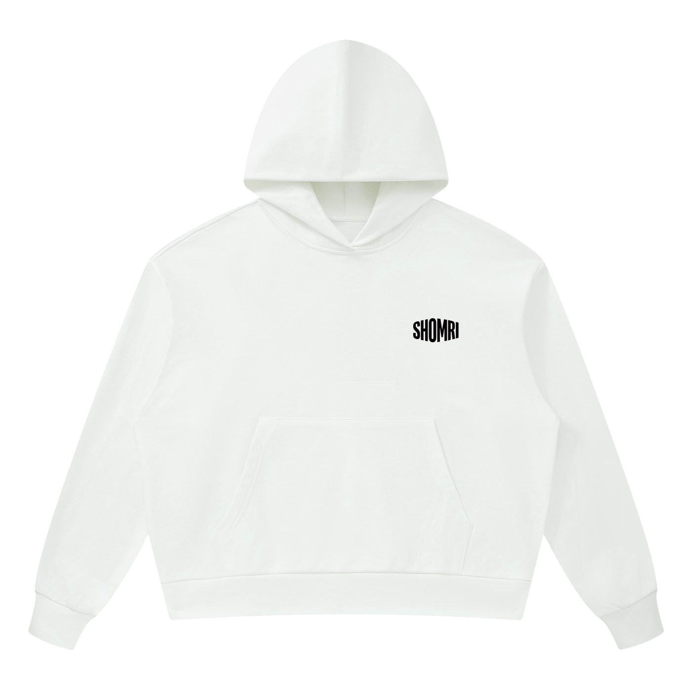Shomri brand logo text printed on the left chest of a loose boxy cropped streetwear hoodie.