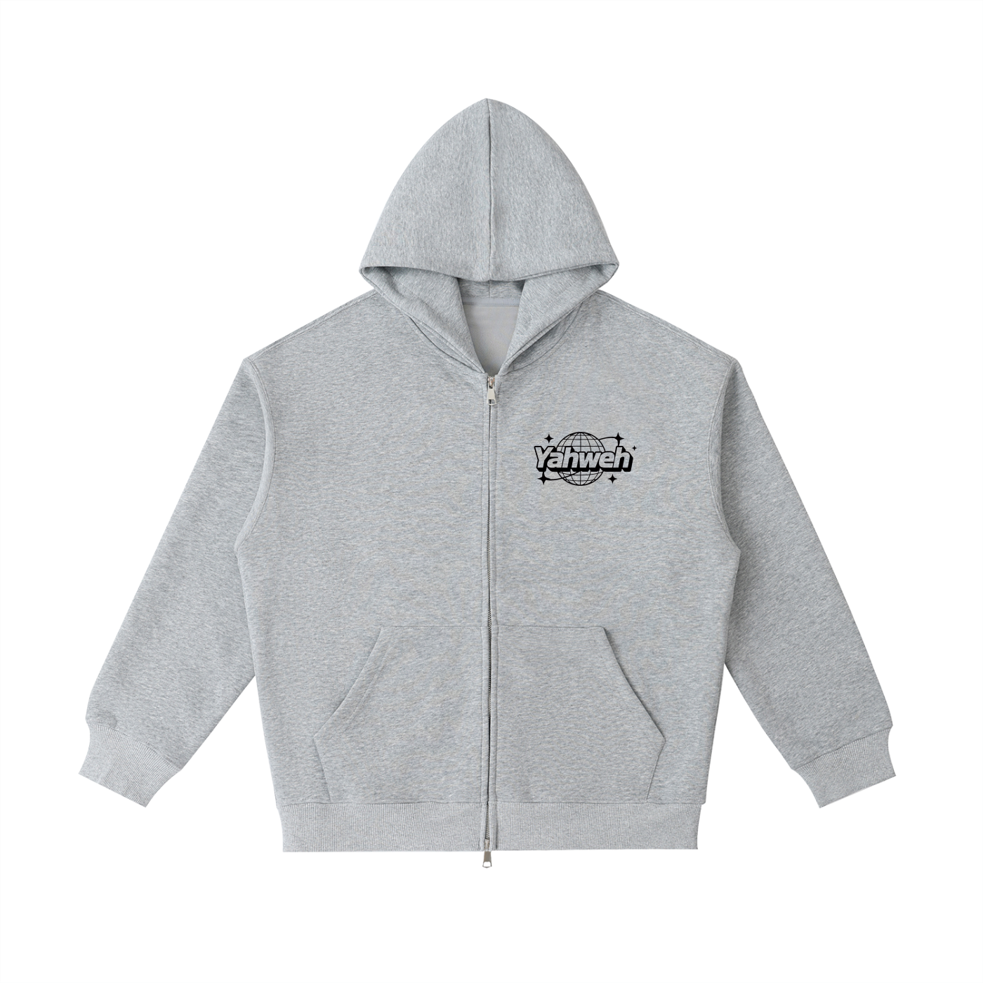 Boxy heavyweight heather grey zip-up hoodie featuring a small black Y2K typographic globe logo on the left chest panel. Plain heather grey oversized drop-shoulder hooded sweatshirt with a central zipper line, displayed on a clean white background. High-quality 420gsm faith-based Christian streetwear apparel.