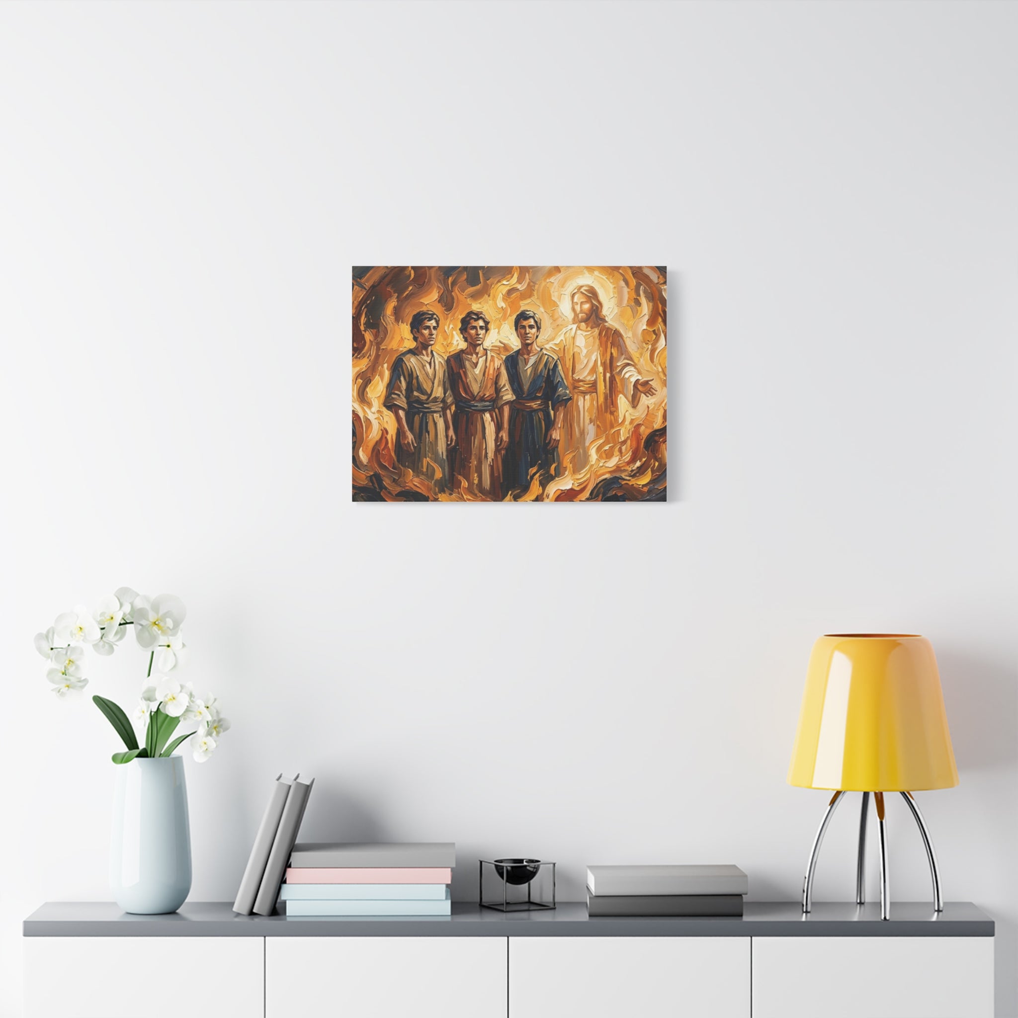 An impasto oil painting print on a stretched canvas depicting Shadrach, Meshach, and Abednego standing unharmed inside a roaring, fiery furnace alongside a glowing divine figure representing Jesus Christ.-5