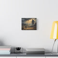 An oil painting style print on a stretched canvas depicting a young boy holding a sling, looking out across a sunlit desert valley toward the giant shadow silhouette of Goliath in the distance. - 2