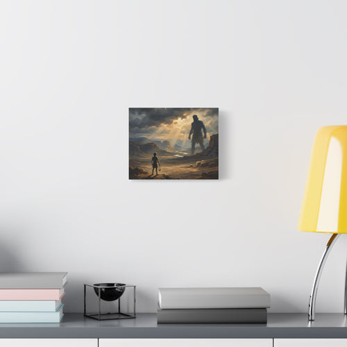 An oil painting style print on a stretched canvas depicting a young boy holding a sling, looking out across a sunlit desert valley toward the giant shadow silhouette of Goliath in the distance. - 2