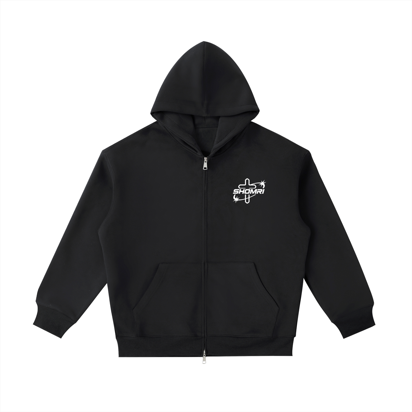 Front view of the Shomri Star Zip-Up Hoodie in black, featuring a premium heavy-fleece boxy streetwear silhouette with a custom white star cross graphic printed on the left chest.