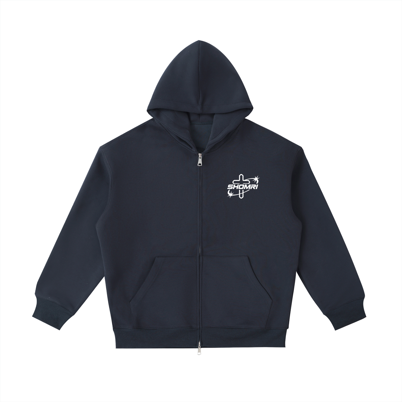 Front view of the Shomri Star Zip-Up Hoodie in blue, featuring a premium heavy-fleece boxy streetwear silhouette with a custom white star cross graphic printed on the left chest.