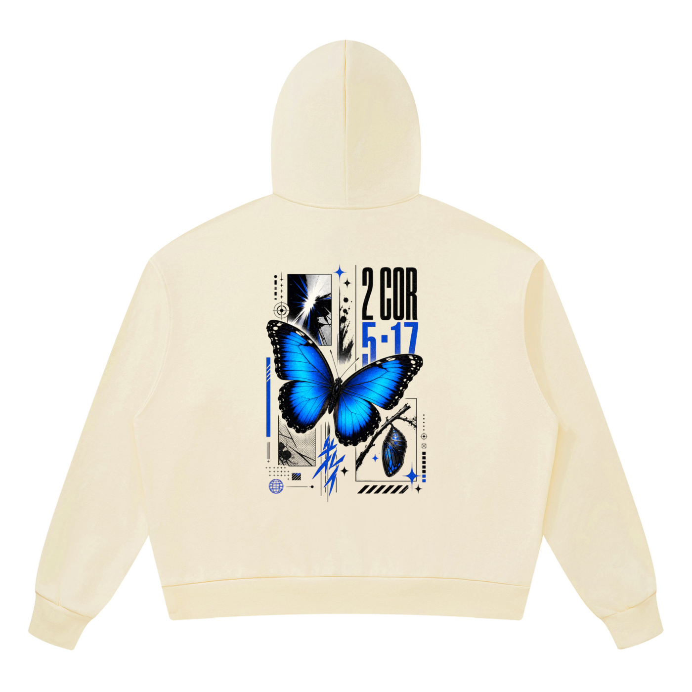 Vibrant electric blue butterfly graphic with bold 2 Corinthians 5 17 scripture typography on the back of a Shomri hoodie.