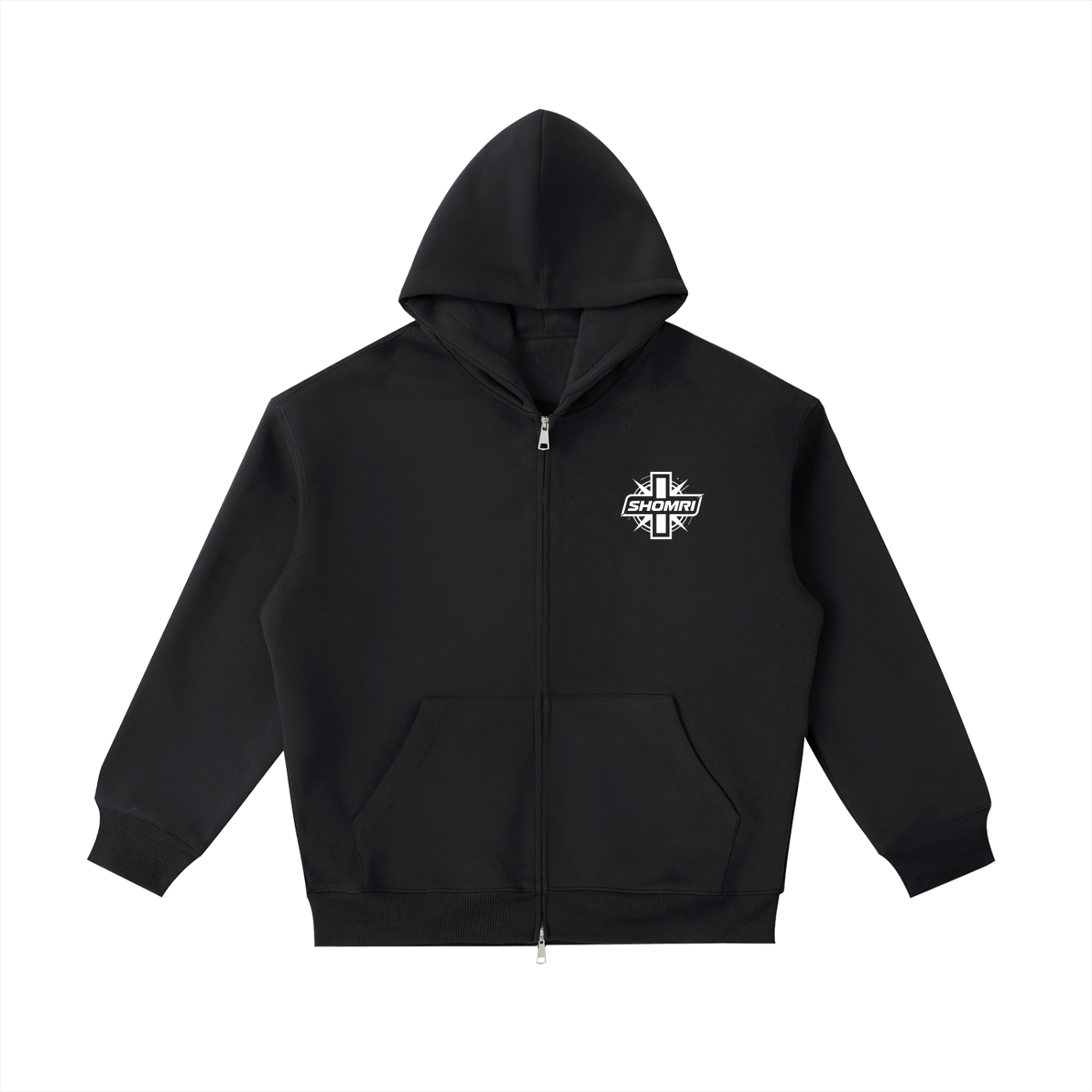 Front view of the Shomri Faith Zip-Up Hoodie in black, featuring a premium heavy-fleece boxy streetwear silhouette with a striking custom white cross logo printed on the left chest.