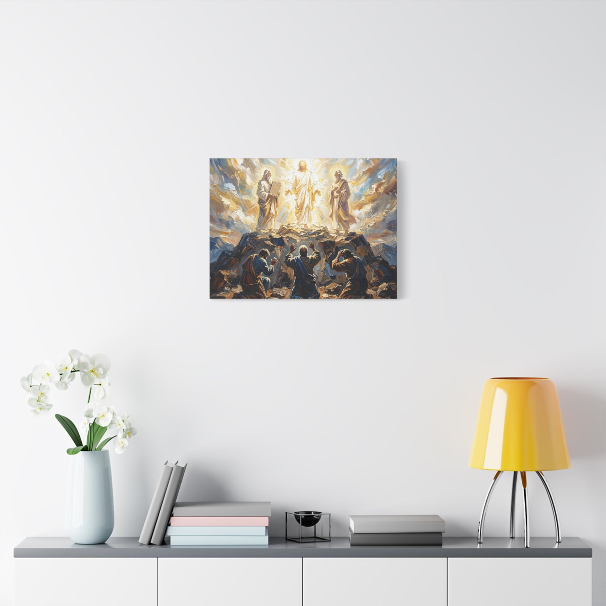An impasto oil painting print on a stretched canvas depicting Jesus Christ standing in bright, blinding golden glory on a mountaintop, flanked by two biblical figures while three disciples look up in awe from the rocky terrain. - 5