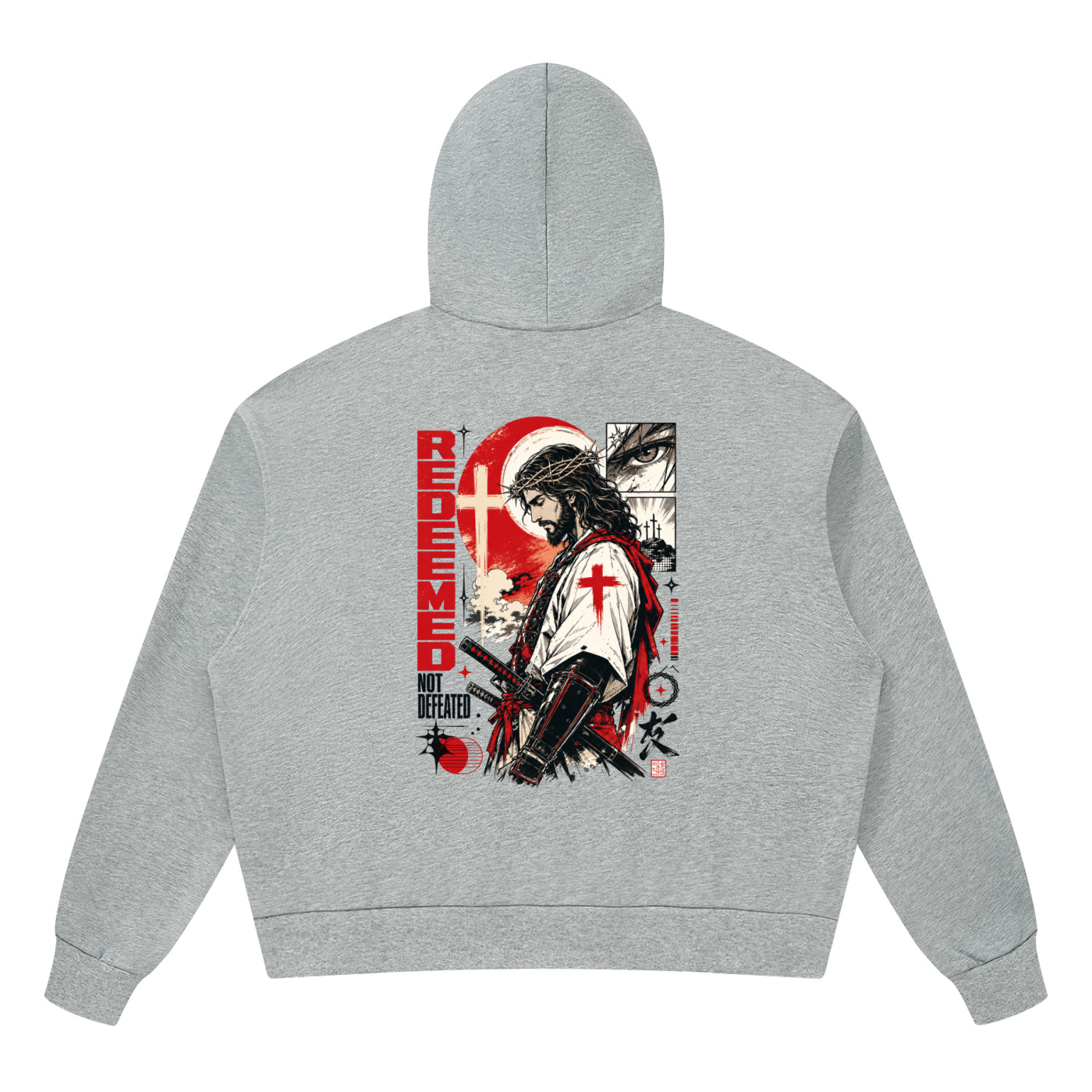 Detailed manga illustration on the back of a black Shomri hoodie showing Jesus with a crown of thorns and a katana sword. 3
