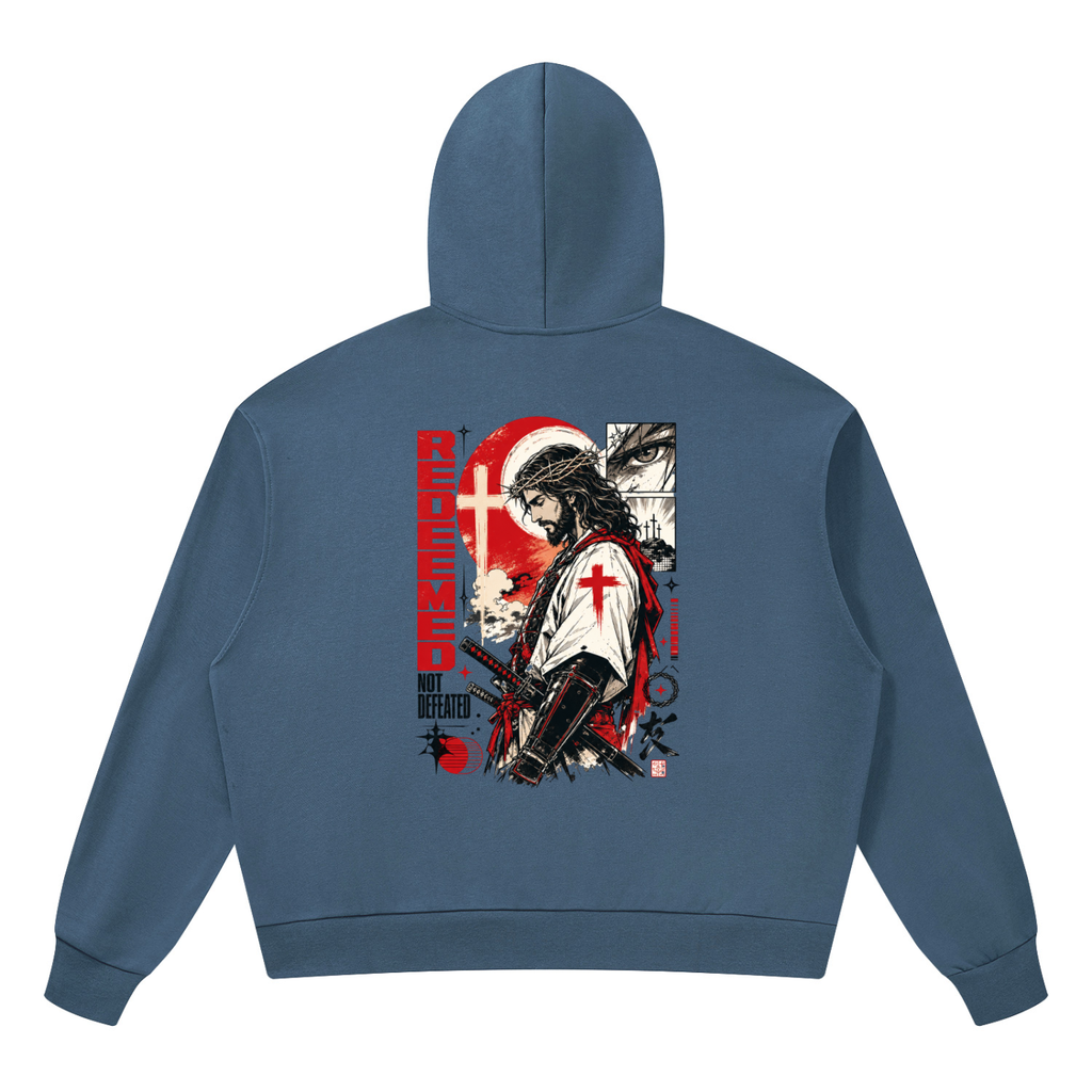Detailed manga illustration on the back of a black Shomri hoodie showing Jesus with a crown of thorns and a katana sword. 4