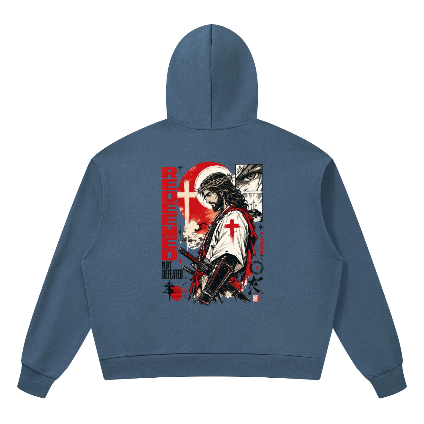 Detailed manga illustration on the back of a black Shomri hoodie showing Jesus with a crown of thorns and a katana sword. 4