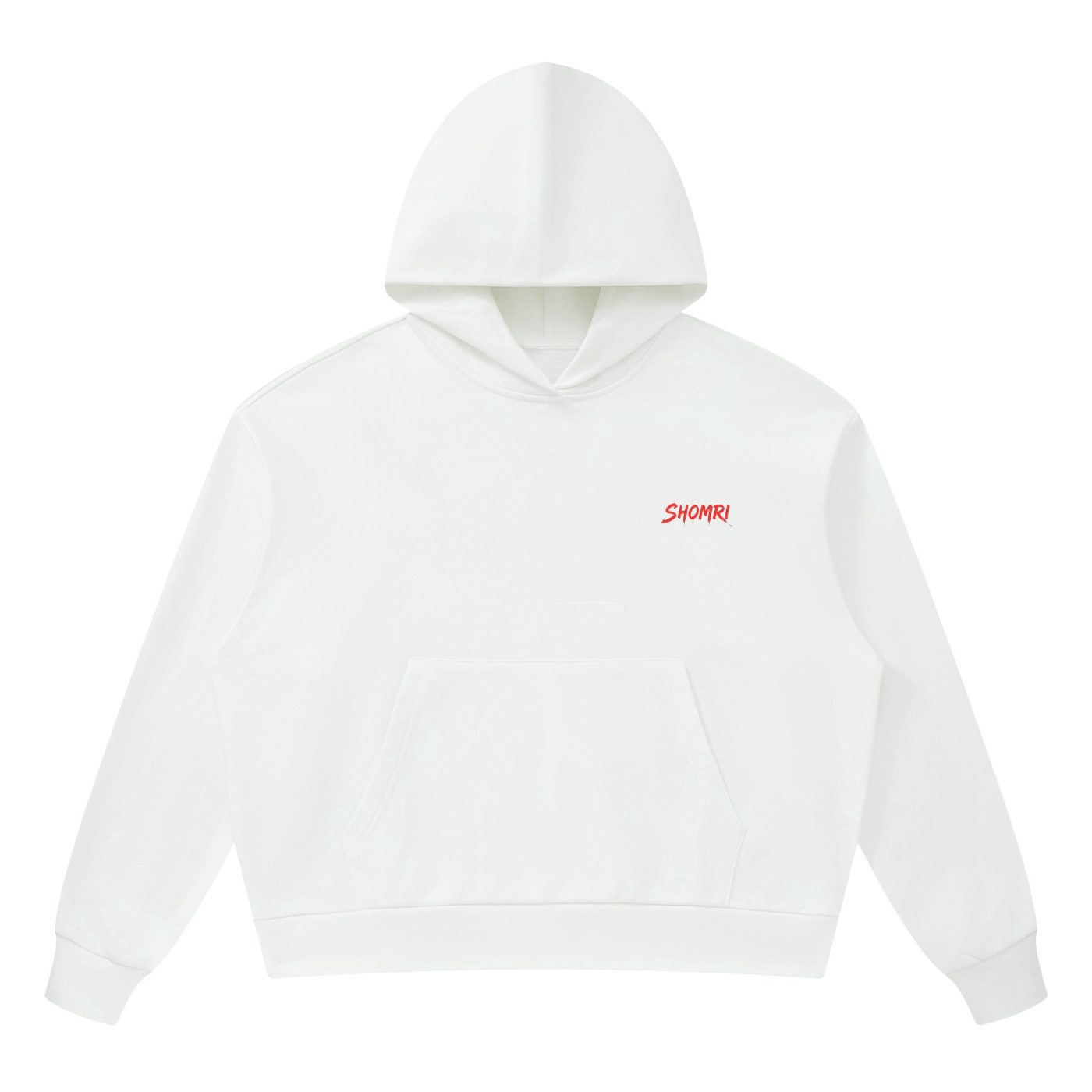 Minimalist front view of Shomri Redeemed black cropped streetwear hoodie with a small red chest logo. 2