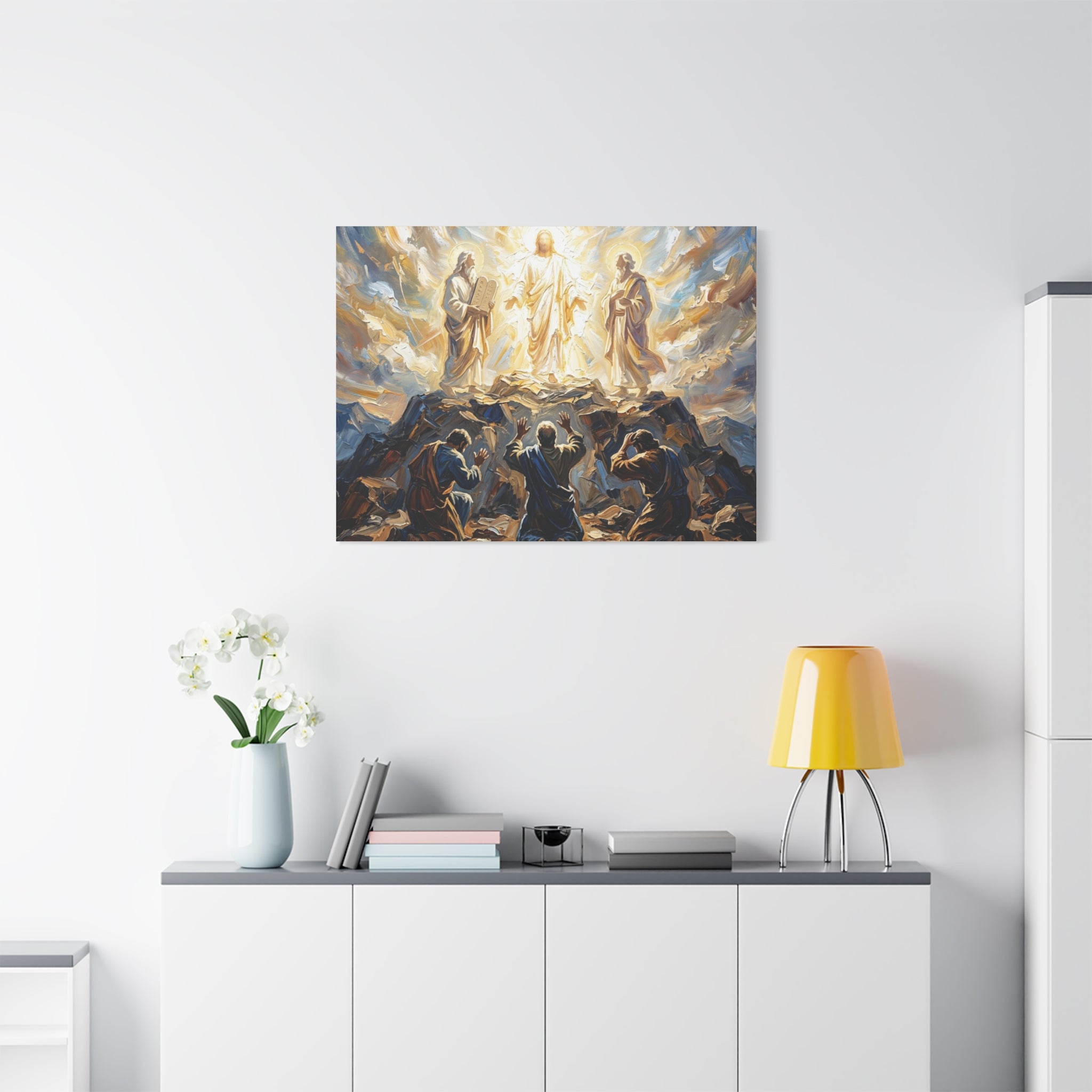 An impasto oil painting print on a stretched canvas depicting Jesus Christ standing in bright, blinding golden glory on a mountaintop, flanked by two biblical figures while three disciples look up in awe from the rocky terrain. - 6