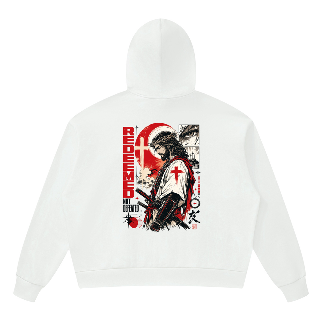 Detailed manga illustration on the back of a black Shomri hoodie showing Jesus with a crown of thorns and a katana sword. 2