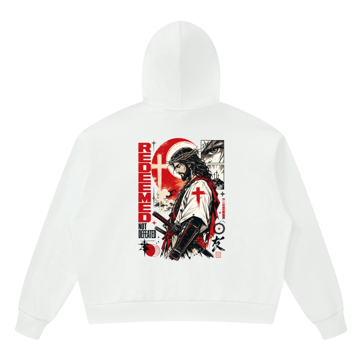 Detailed manga illustration on the back of a black Shomri hoodie showing Jesus with a crown of thorns and a katana sword. 2