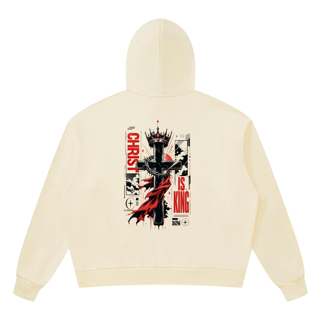 High contrast dark anime style cross graphic with red accents printed on the back of a Shomri streetwear hoodie.2