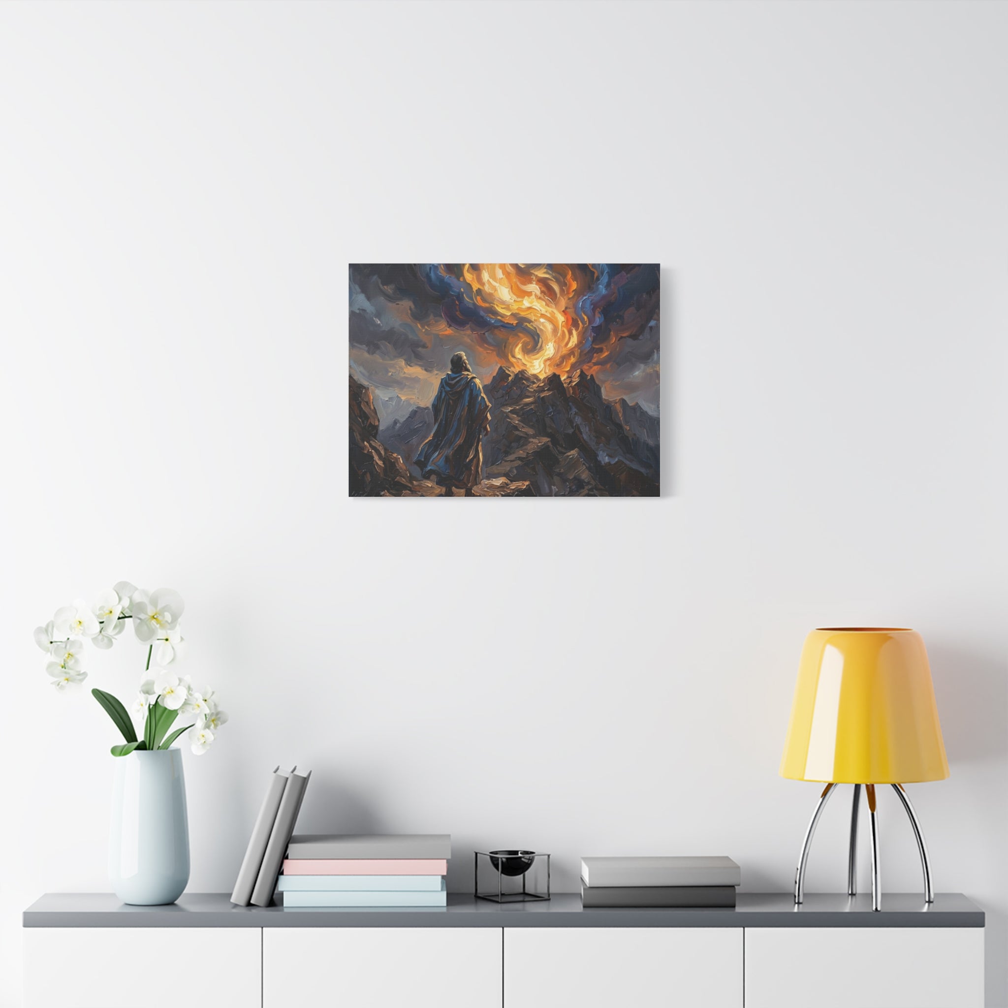 An impasto oil painting print on a stretched canvas depicting a robed biblical prophet figure from behind, standing before a dramatic, swirling pillar of orange and blue fire on top of Mount Sinai. - 4