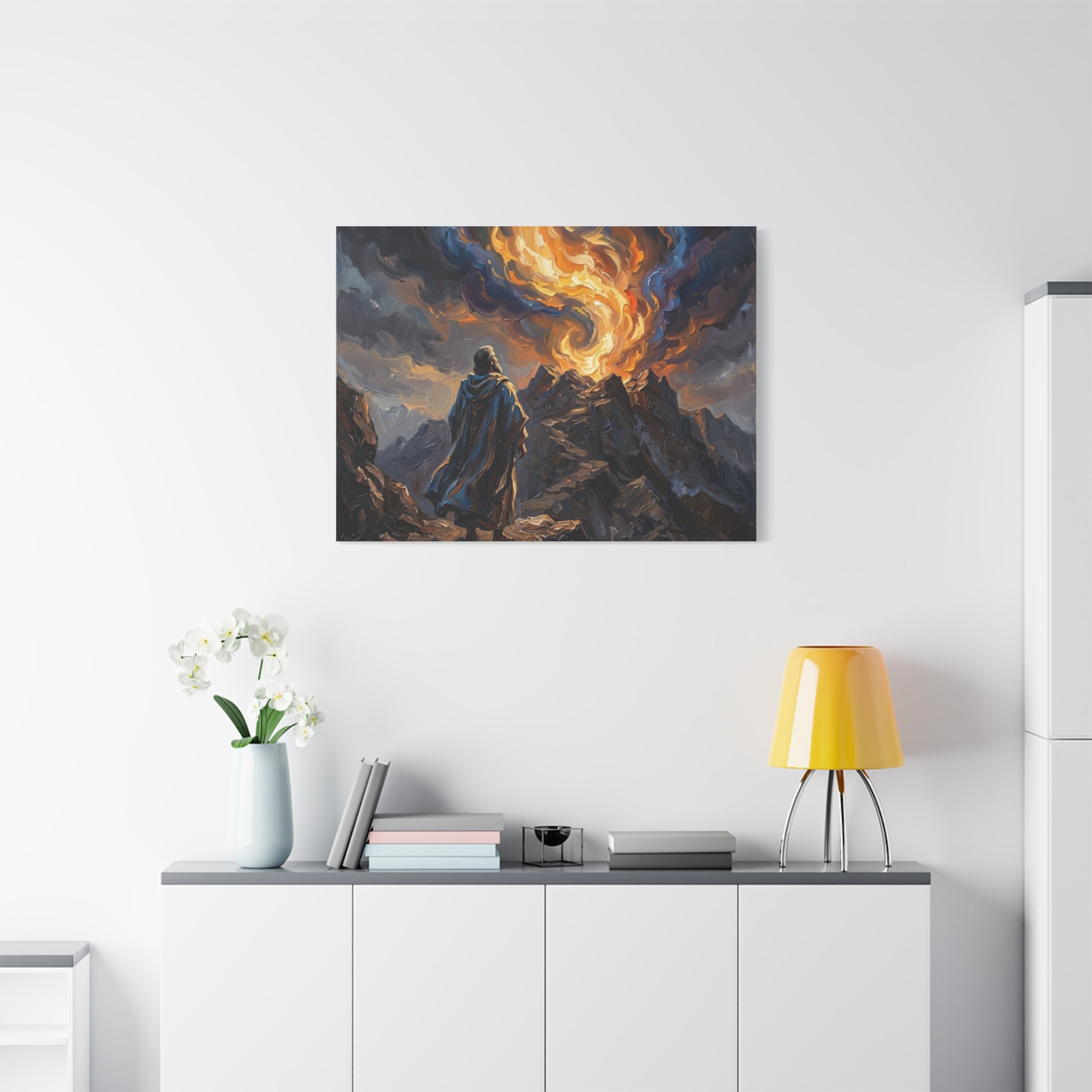 An impasto oil painting print on a stretched canvas depicting a robed biblical prophet figure from behind, standing before a dramatic, swirling pillar of orange and blue fire on top of Mount Sinai. -5