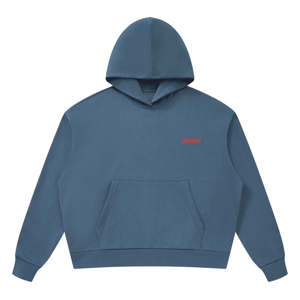 Minimalist front view of Shomri Redeemed black cropped streetwear hoodie with a small red chest logo. 4