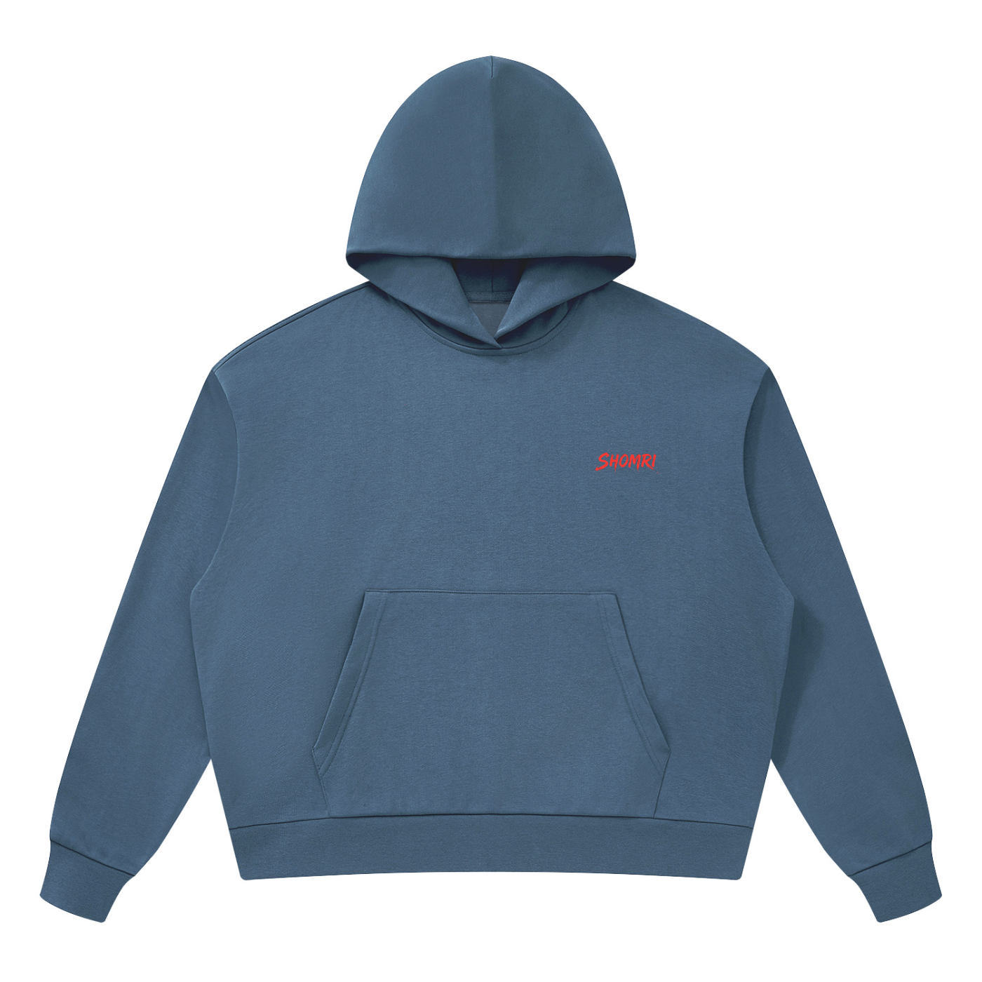 Minimalist front view of Shomri Redeemed black cropped streetwear hoodie with a small red chest logo. 4