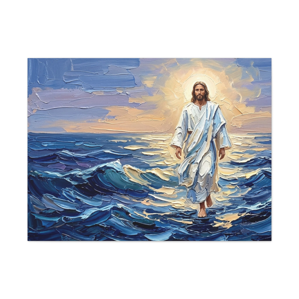 An impasto oil painting print on a stretched canvas depicting Jesus Christ calmly walking on vibrant blue ocean waves with thick, textured brushstrokes, illuminated by a glowing golden sun in a pastel sky. - 1