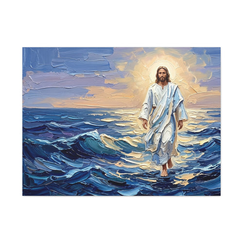An impasto oil painting print on a stretched canvas depicting Jesus Christ calmly walking on vibrant blue ocean waves with thick, textured brushstrokes, illuminated by a glowing golden sun in a pastel sky. - 1