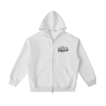 Boxy heavyweight heather grey zip-up hoodie featuring a small black Y2K typographic globe logo on the left chest panel. Plain flower grey oversized drop-shoulder hooded sweatshirt with a central zipper line, displayed on a clean white background. High-quality 420gsm faith-based Christian streetwear apparel.