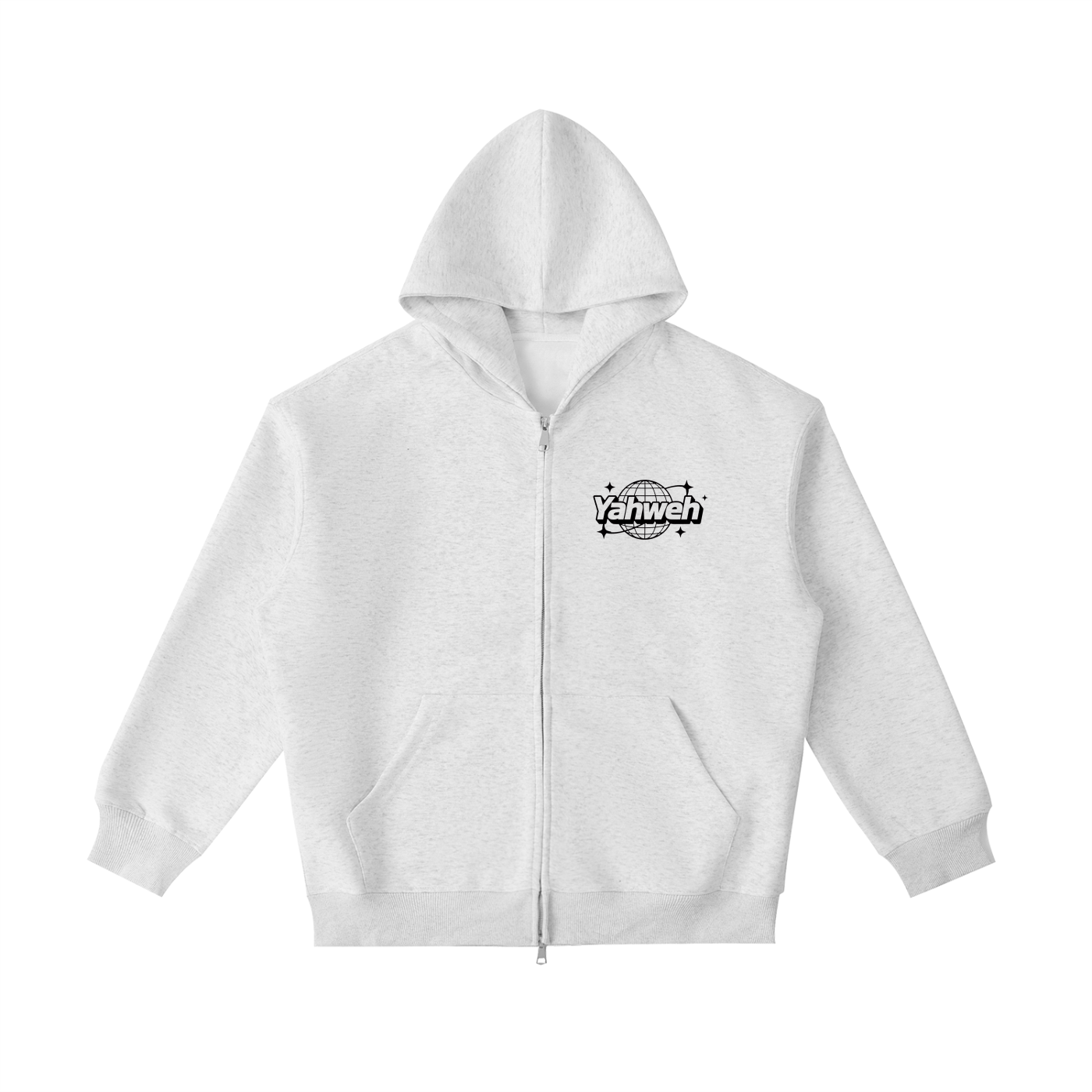 Boxy heavyweight heather grey zip-up hoodie featuring a small black Y2K typographic globe logo on the left chest panel. Plain flower grey oversized drop-shoulder hooded sweatshirt with a central zipper line, displayed on a clean white background. High-quality 420gsm faith-based Christian streetwear apparel.