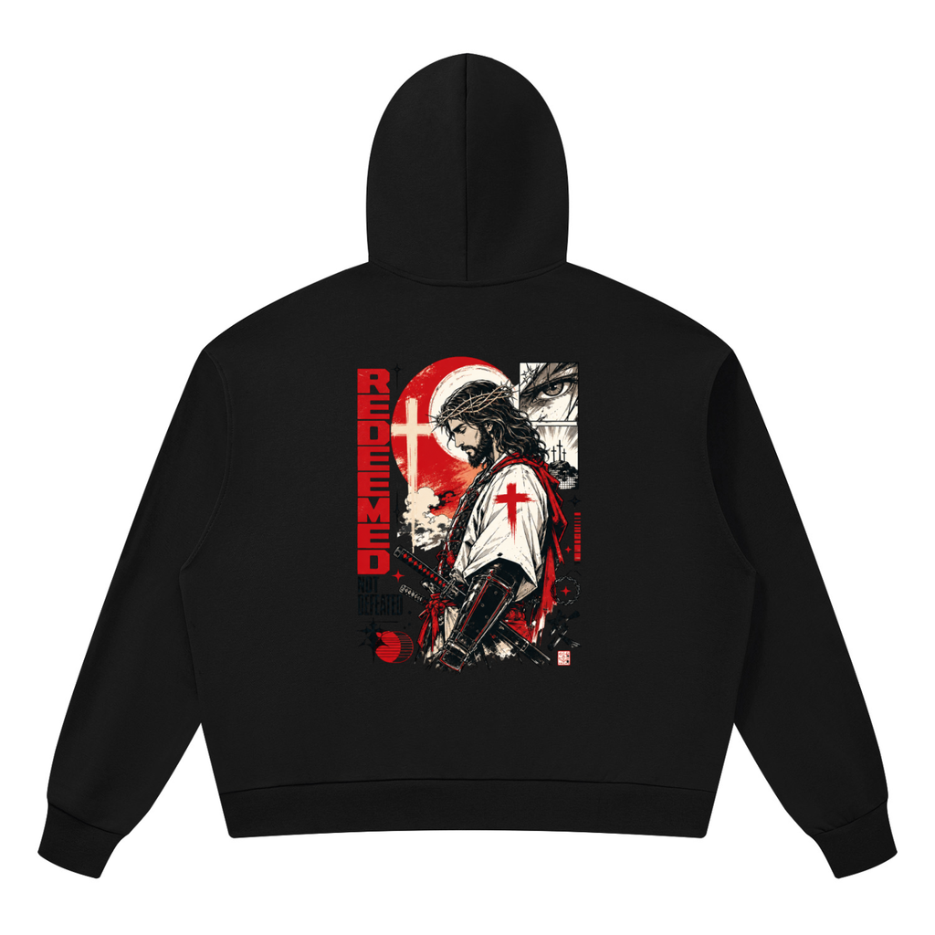 Detailed manga illustration on the back of a black Shomri hoodie showing Jesus with a crown of thorns and a katana sword.