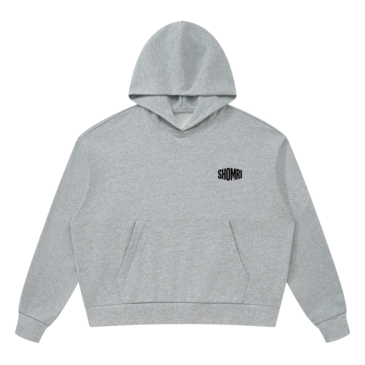 Shomri brand logo text printed on the left chest of a loose boxy cropped streetwear hoodie. 3