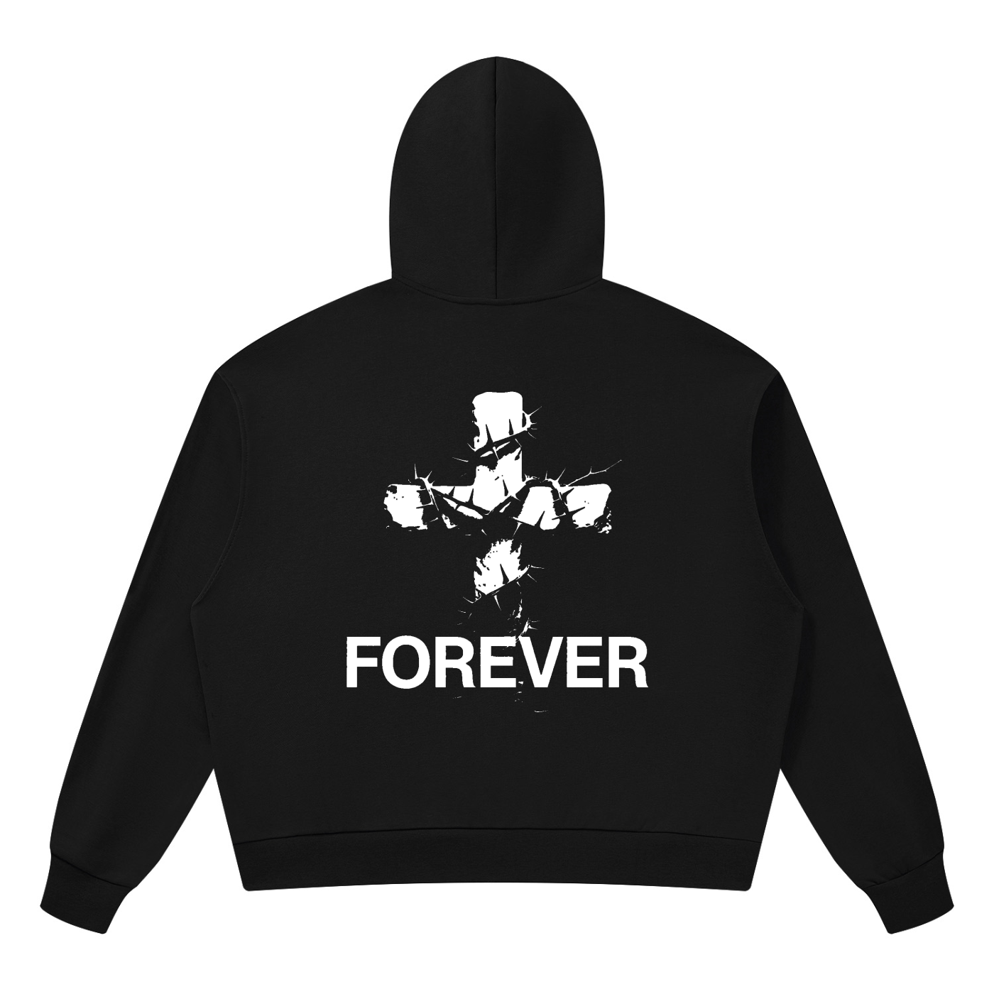 Back of Shomri black streetwear hoodie showing large white stylized cross graphic with Forever In Christ typography.