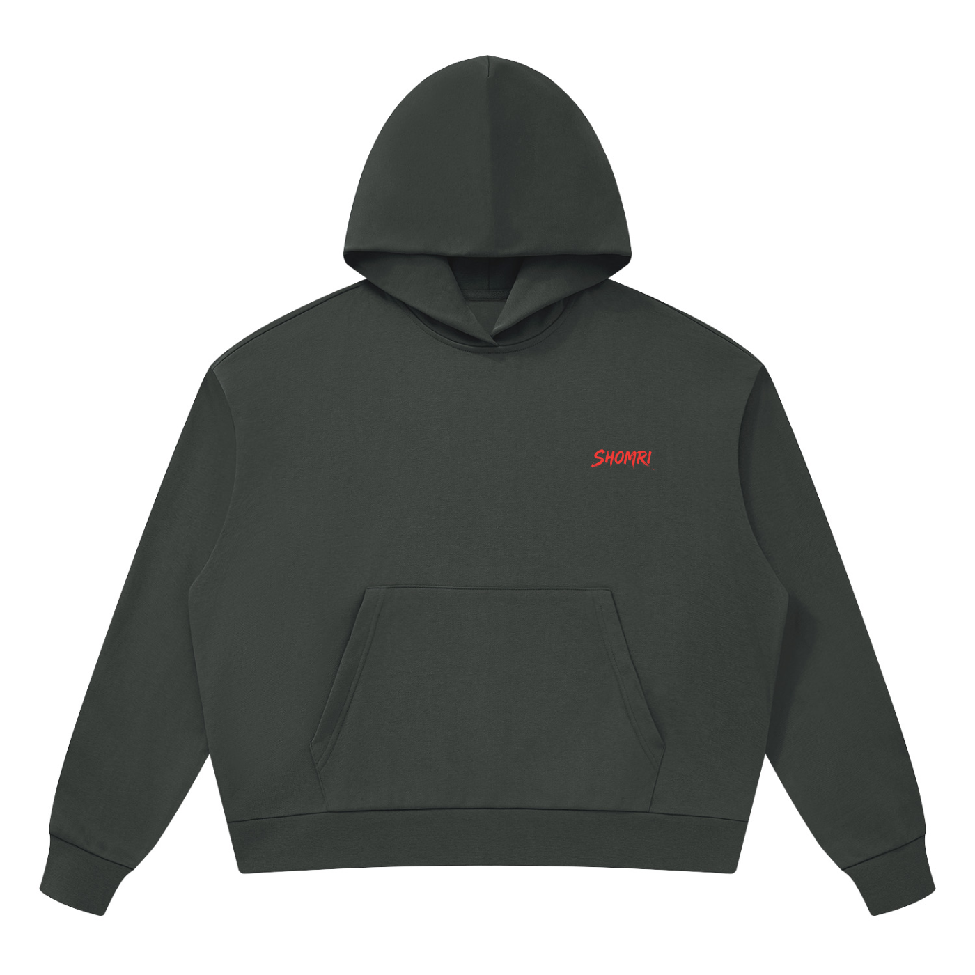 Minimalist front view of Shomri Redeemed black cropped streetwear hoodie with a small red chest logo. 4