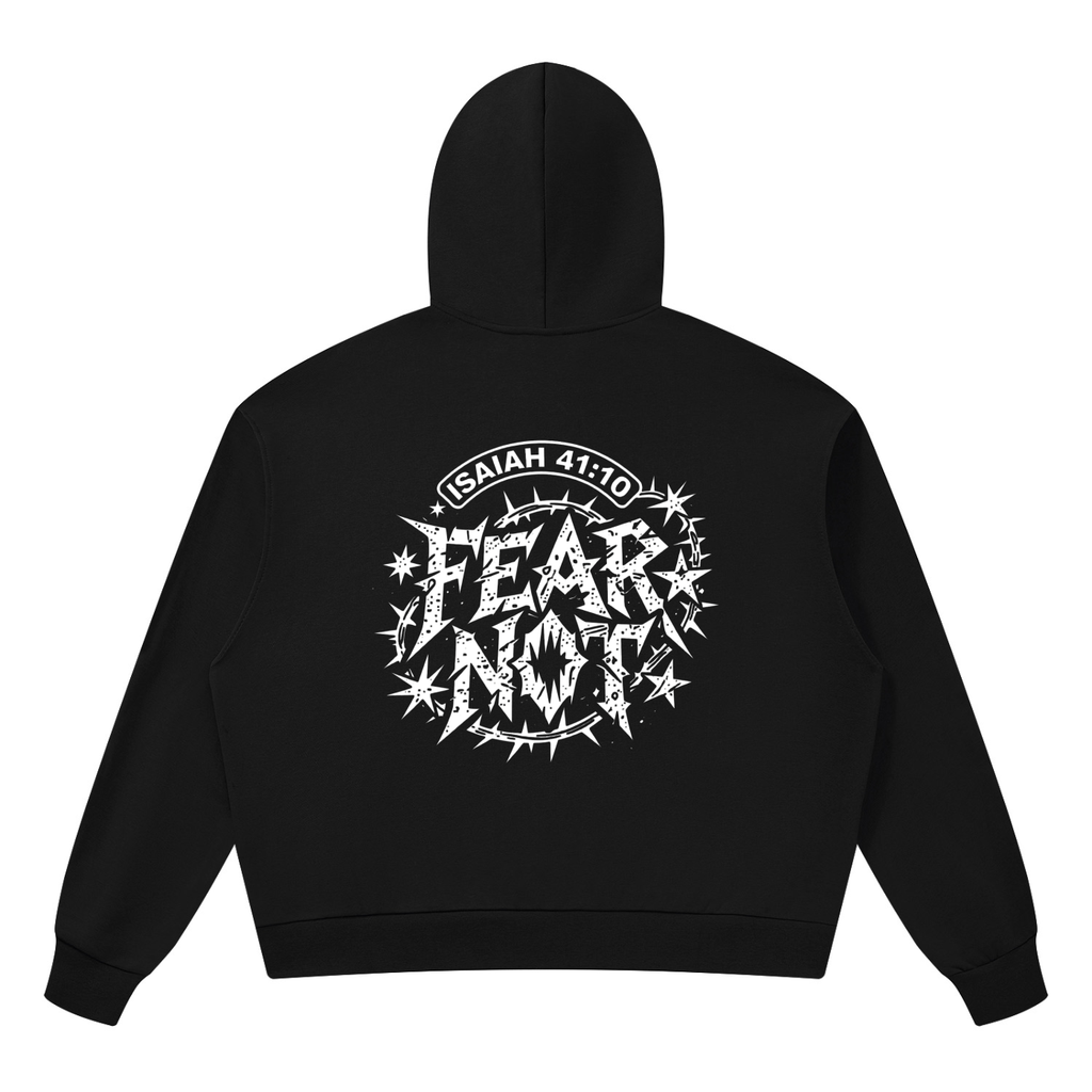 Back of Shomri black cropped hoodie showcasing a large circular thorn and star graphic with Fear Not Isaiah 41 10 text.